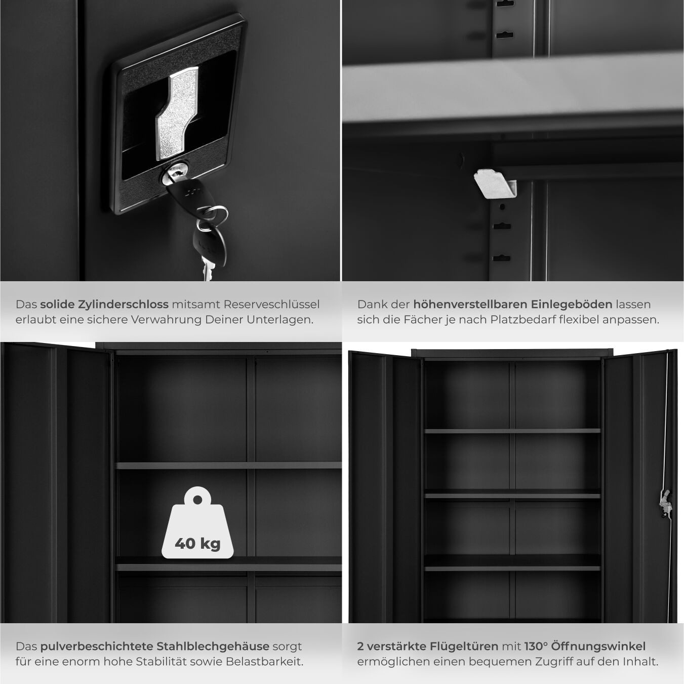 tectake Aktenschrank Abschließbarer Schrank mit höhenverstellbaren Böden (Schreibtischschrank, 1-St., in schwarz) Hochwertiger Stahl, stabiler Stand – Bild 5 von 5