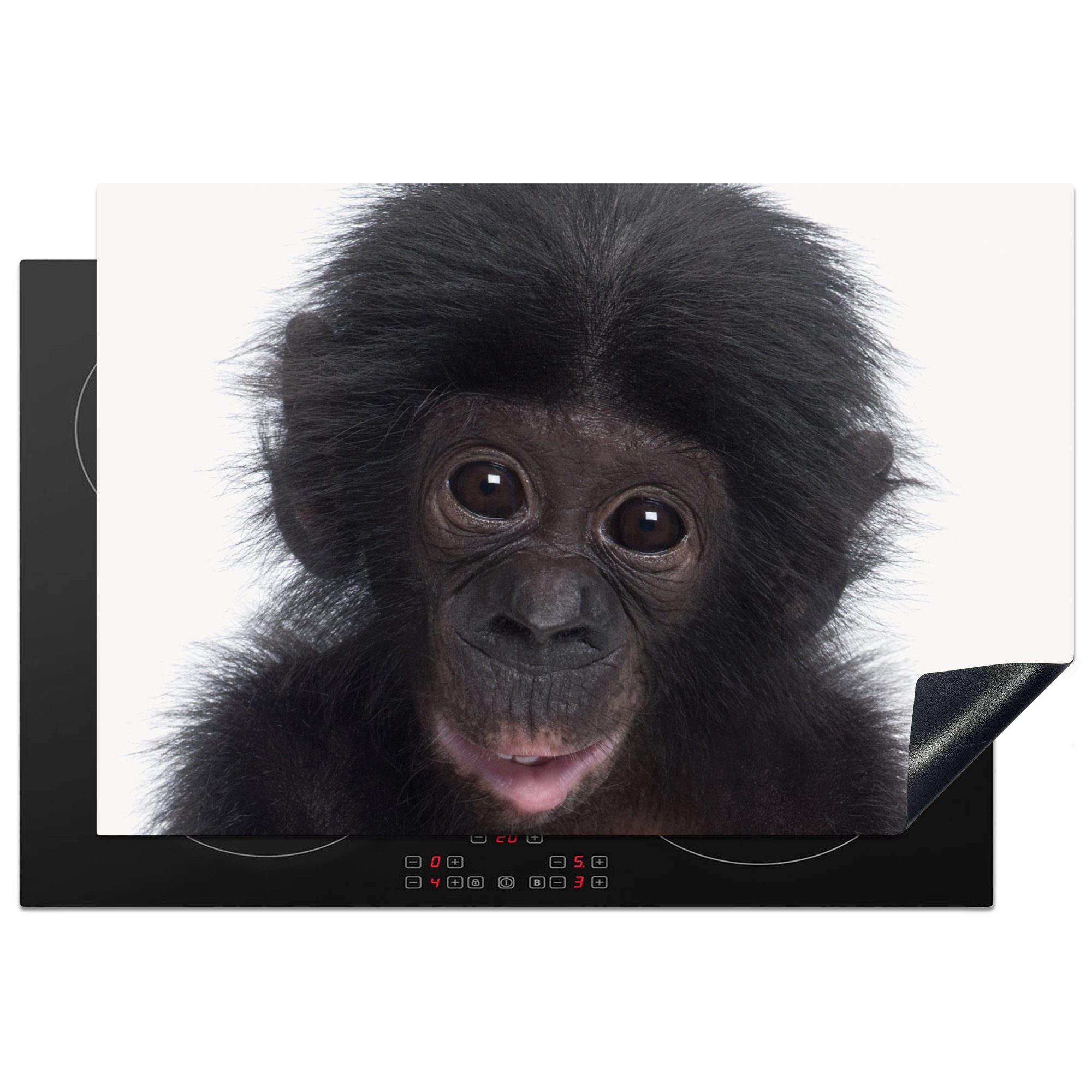 MuchoWow Herdblende-/Abdeckplatte Porträt Arbeitsplatte Ceranfeldabdeckung, - - 77x51 - Kinder für Affe - Mädchen, - cm, Vinyl, küche tlg), Jungen (1 Schimpanse
