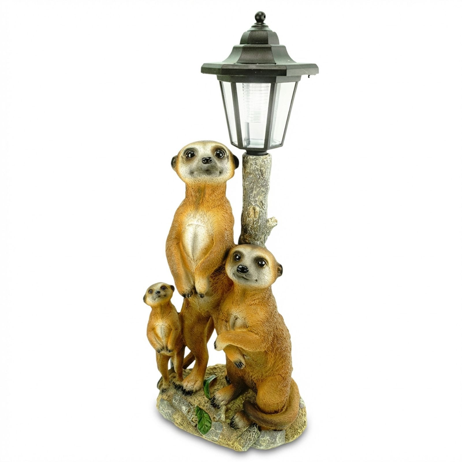 Kremers Schatzkiste Gartenfigur Erdmännchen Familie mit Solarlaterne Gartenfigur 51 cm Tierfigur