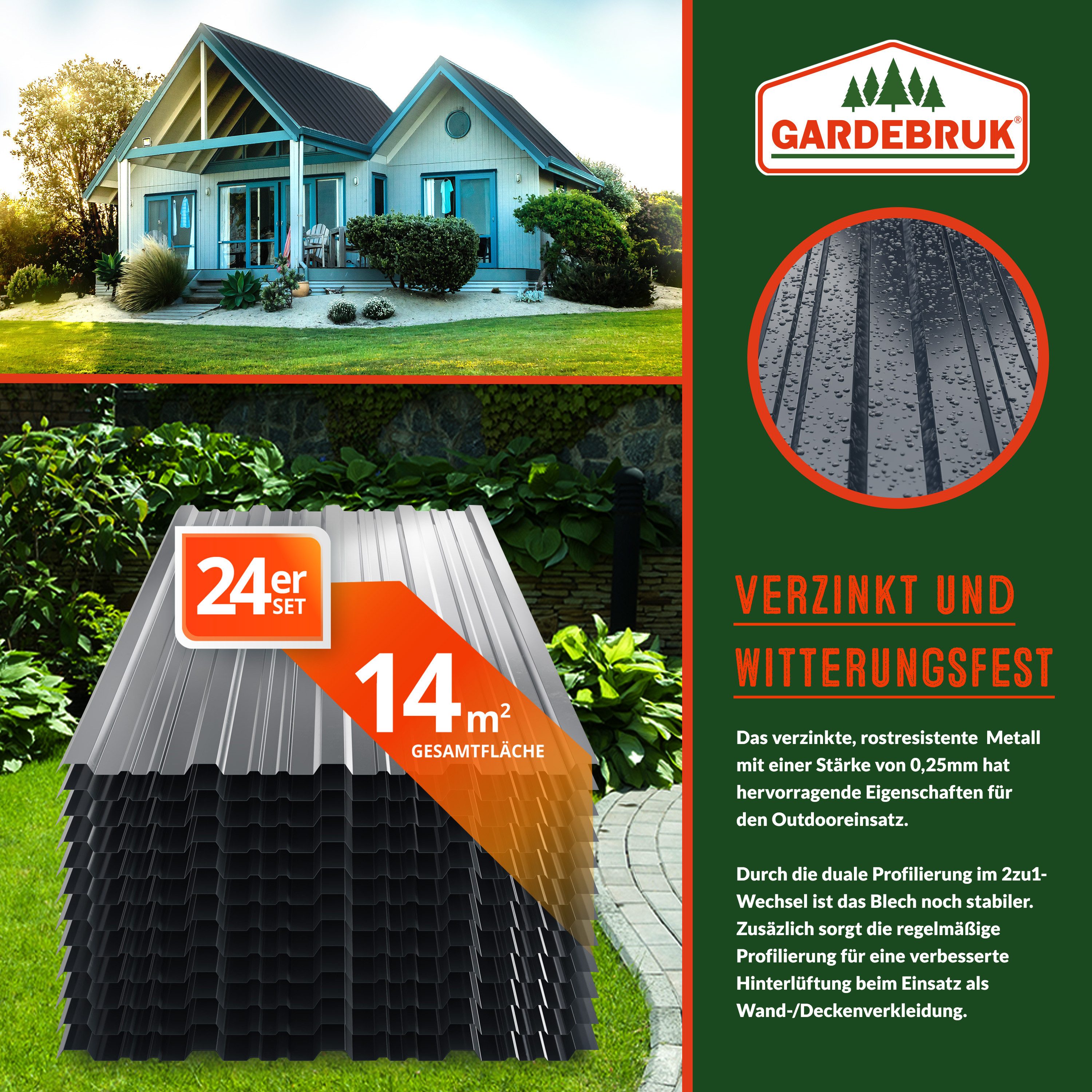 Gardebruk Gerätehaus, BxT: 46x129 cm, 24x Trapezblech 129x46cm = 14m² Verzinkt Rostresistent Wetterfest