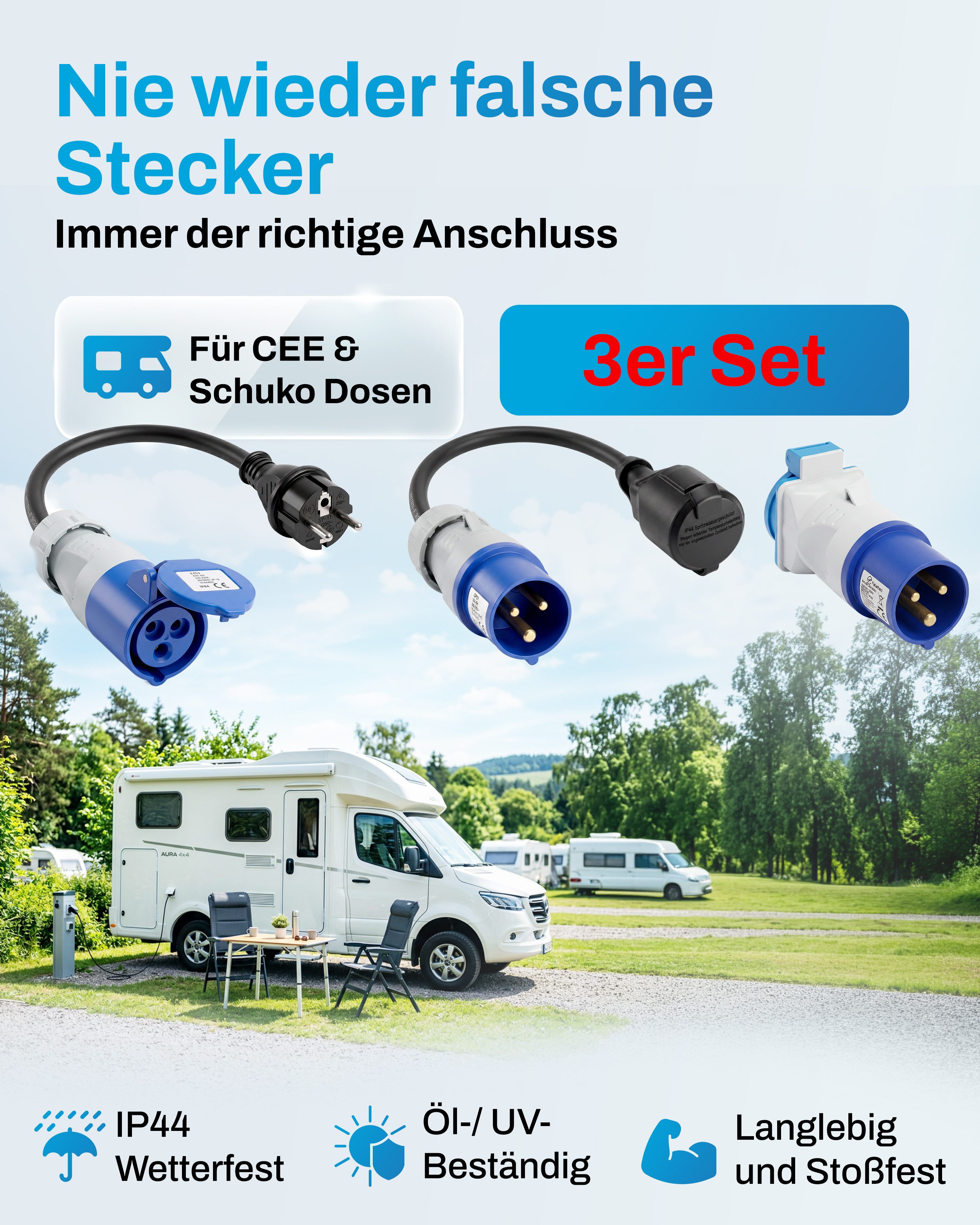 feletec 3x CEE Adapter 230V 16A für Camping & Wohnmobil CEE-Adapterkabel