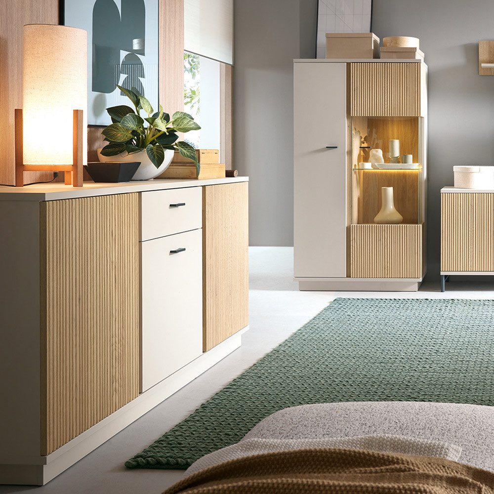 Lomadox Wohnzimmer-Set MOLINA-129, (Mega-Spar-Set, 2-St., Highboard Kommode), Wohnzimmermöbel in Eiche & kaschmir mit Softclose & LED-Beleuchtung