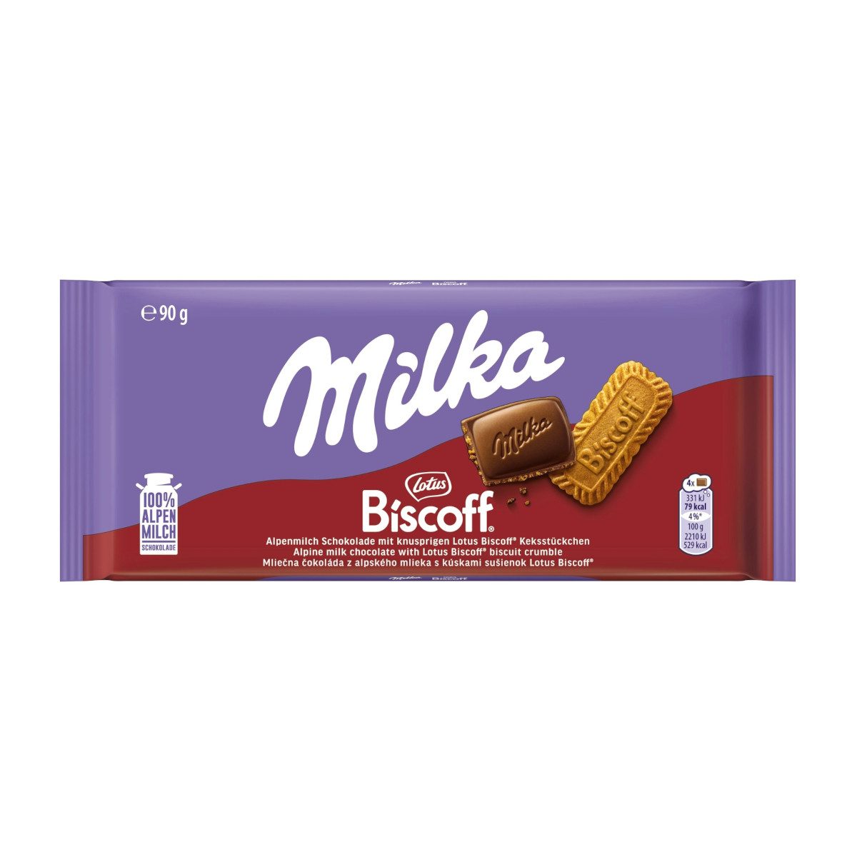 MILKA Schokolade, Milka Biscoff Alpenmilchschokoladentafel Keksstückchen Packung 90g