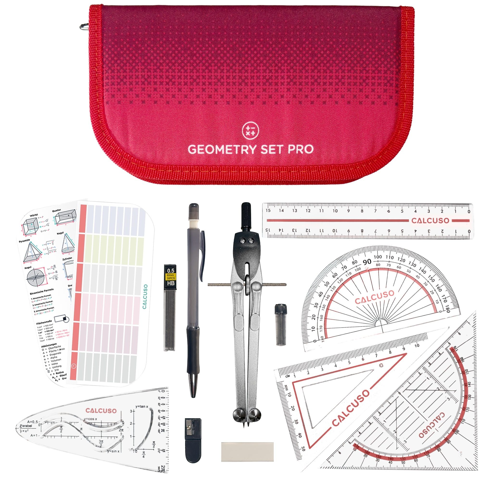 CALCUSO Zirkel Set im Federmäppchen mit Geodreieck & Lineal, Geometrieset - Rot