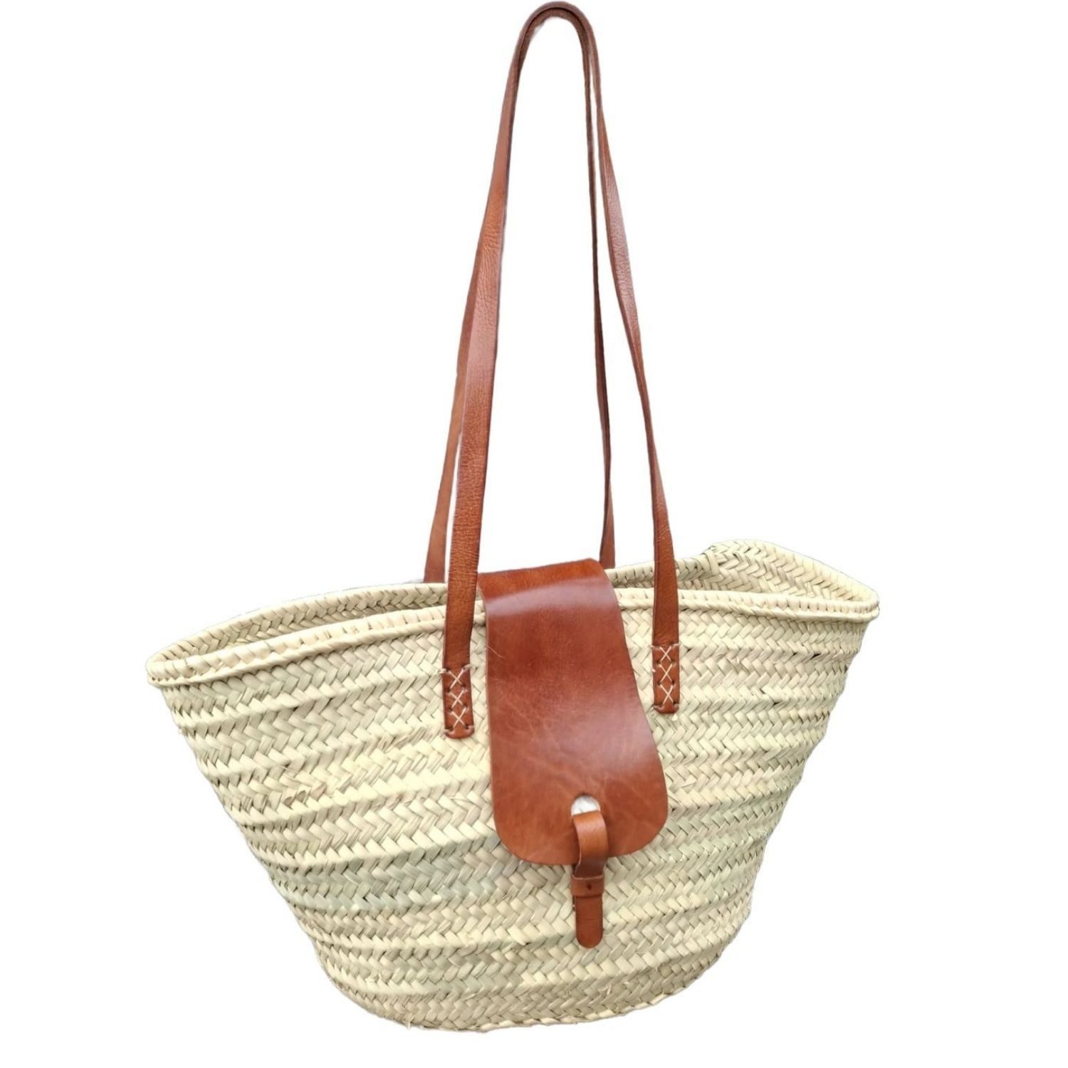 Marrakesch Orient & Mediterran Interior Korbtasche Korbtasche Solana im Boho-Stil aus Leder und Palmblättern, Natur 50 cm (1-tlg), Handarbeit