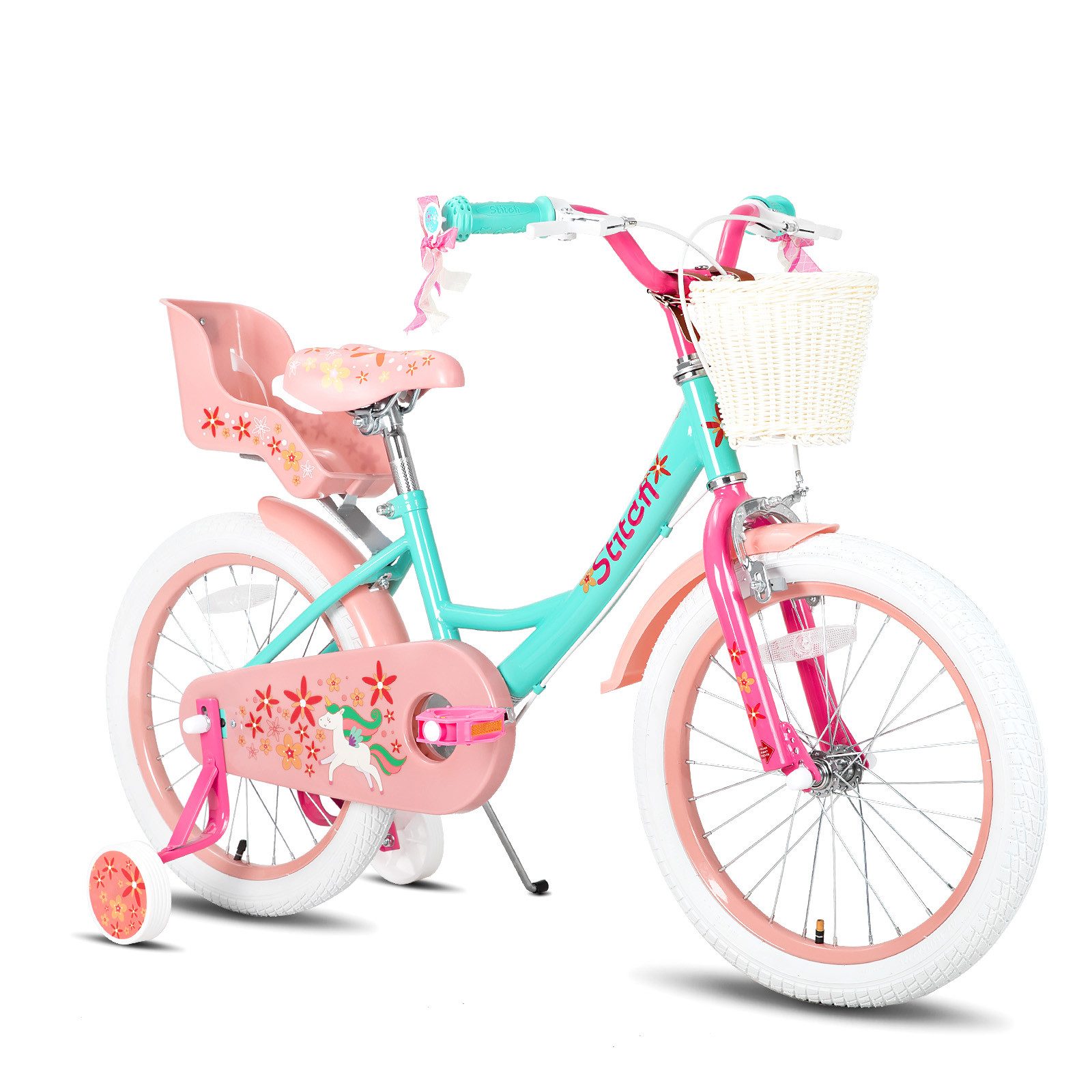 JOYSTAR Kinderfahrrad Unicorn 12/14/16/18 Zoll Kinderfahrrad für 3-9 jährige Mädchen, mit Puppenradsitz, Stützrädern, Korbstreamer, 18 Zoll mit Kickstand