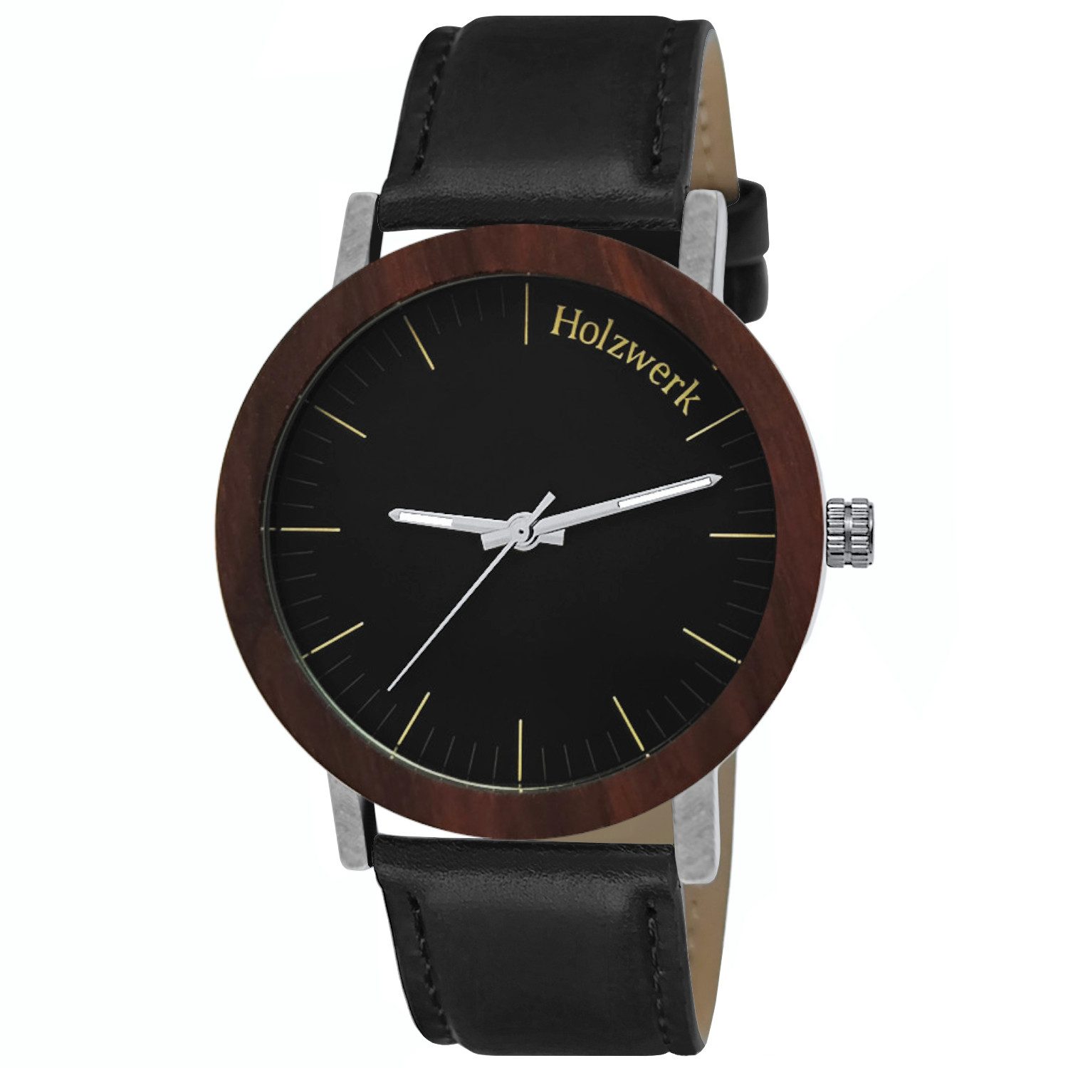 Holzwerk Quarzuhr FULDA Damen und Herren Leder & Edelstahl Holz Uhr, schwarz, braun FULDA