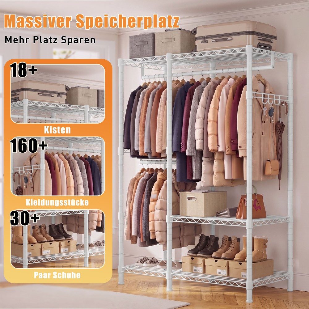 Klyvvo Kleiderständer Offener Kleiderschrank mit 3 Regalböden & 4 Haken für Mäntel, Jacken, (1 St., Höhenverstellbarer Kleiderständer mit 2 Kleiderstangen), 200 – Bild 4 von 5