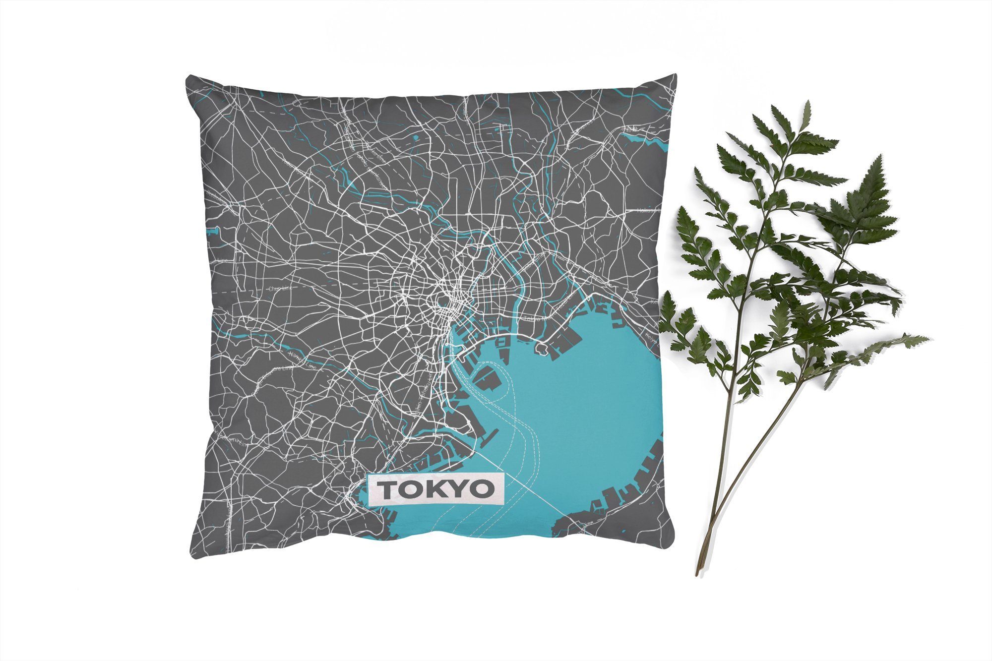 MuchoWow Dekokissen Tokio - - Schlafzimmer, Deko, Wohzimmer, Stadtplan Sofakissen Karte, Füllung mit Zierkissen für Blau 