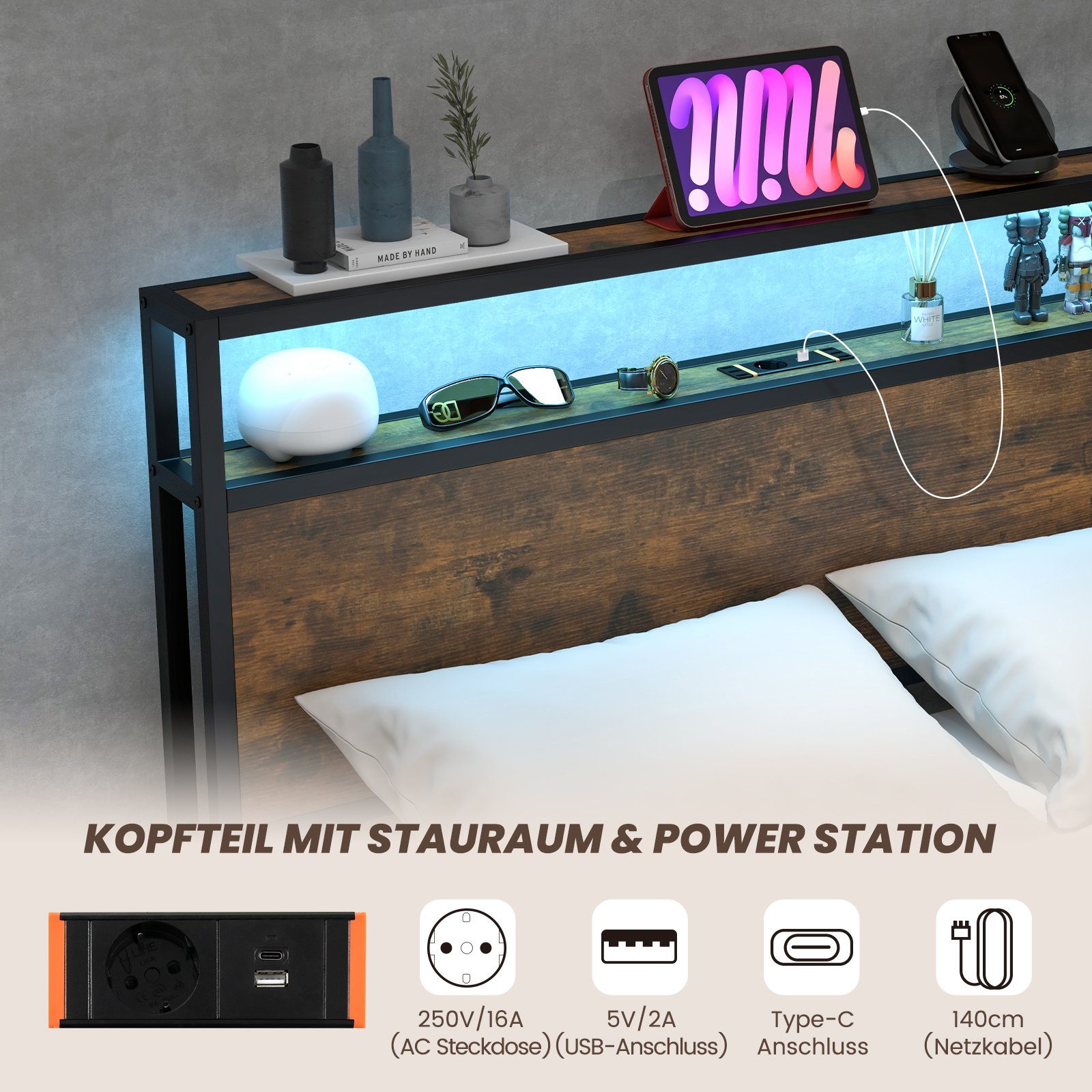COSTWAY Bettgestell, mit LED Beleuchtung, Ladestation & 4 Schubladen. 140x200cm