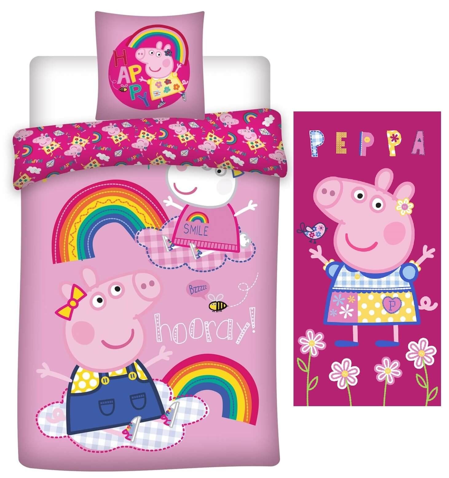 Kinderbettwäsche Peppa Pig Wutz - Mädchen Wende-Bettwäsche-Set, 135x200 und  Badetuch, 70x140 cm, Peppa Pig, Baumwolle, 100% Baumwolle