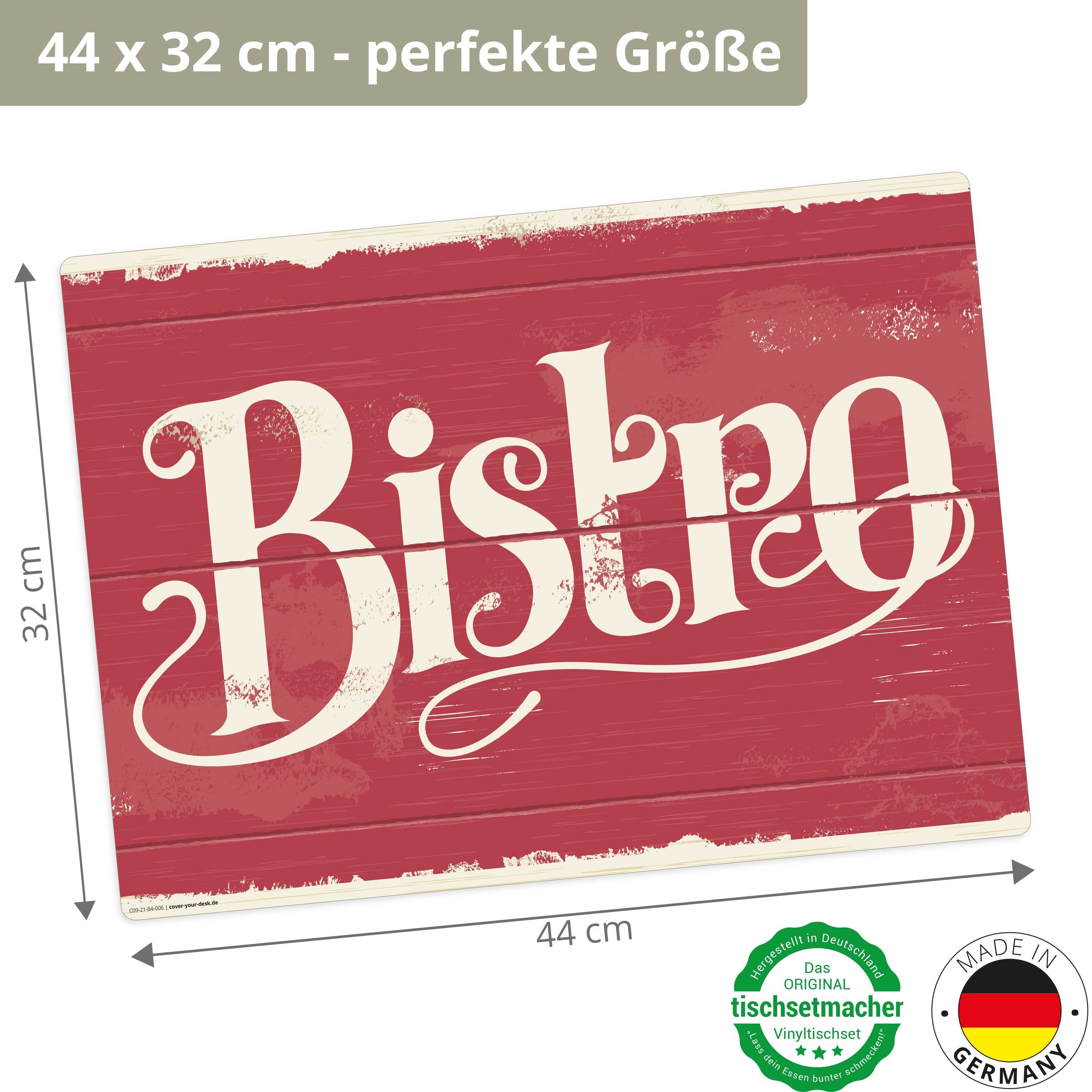 cover-your-desk.de Platzset Tischset, Platzset abwaschbar - Bistro Schriftzug Retro, (aus erstklassigem Vinyl (Kunststoff - BPA-frei), 4-St., rutschfeste Tischunterlage in tollem Design), Made in Germany