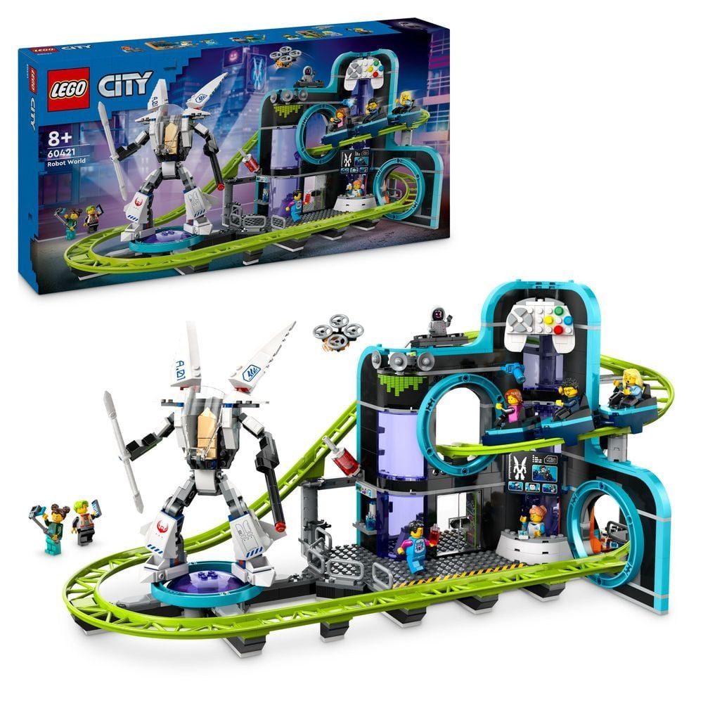 LEGO® City - Achterbahn mit Roboter-Mech (60421) Konstruktions-Spielset, (986 St), Inkl. 8 Minifiguren