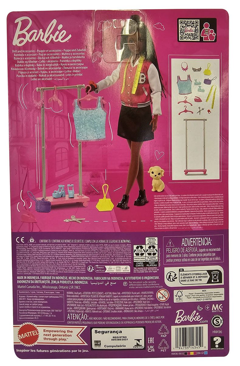 Barbie Stehpuppe Mattel HNK96 Barbie Extra, Puppe im Brooklyn Outfit schwarze geflochte