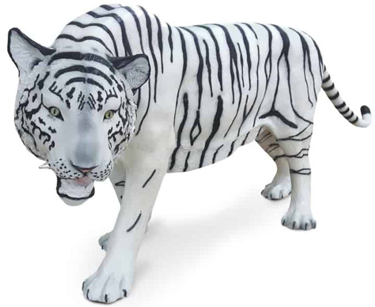 Casa Padrino Skulptur Luxus Dekofigur Weißer Tiger Weiß / Schwarz 250 x 55 x H. 90 cm - Lebensgroße Dekofigur - Riesige Tierfigur - Gartendeko Skulptur