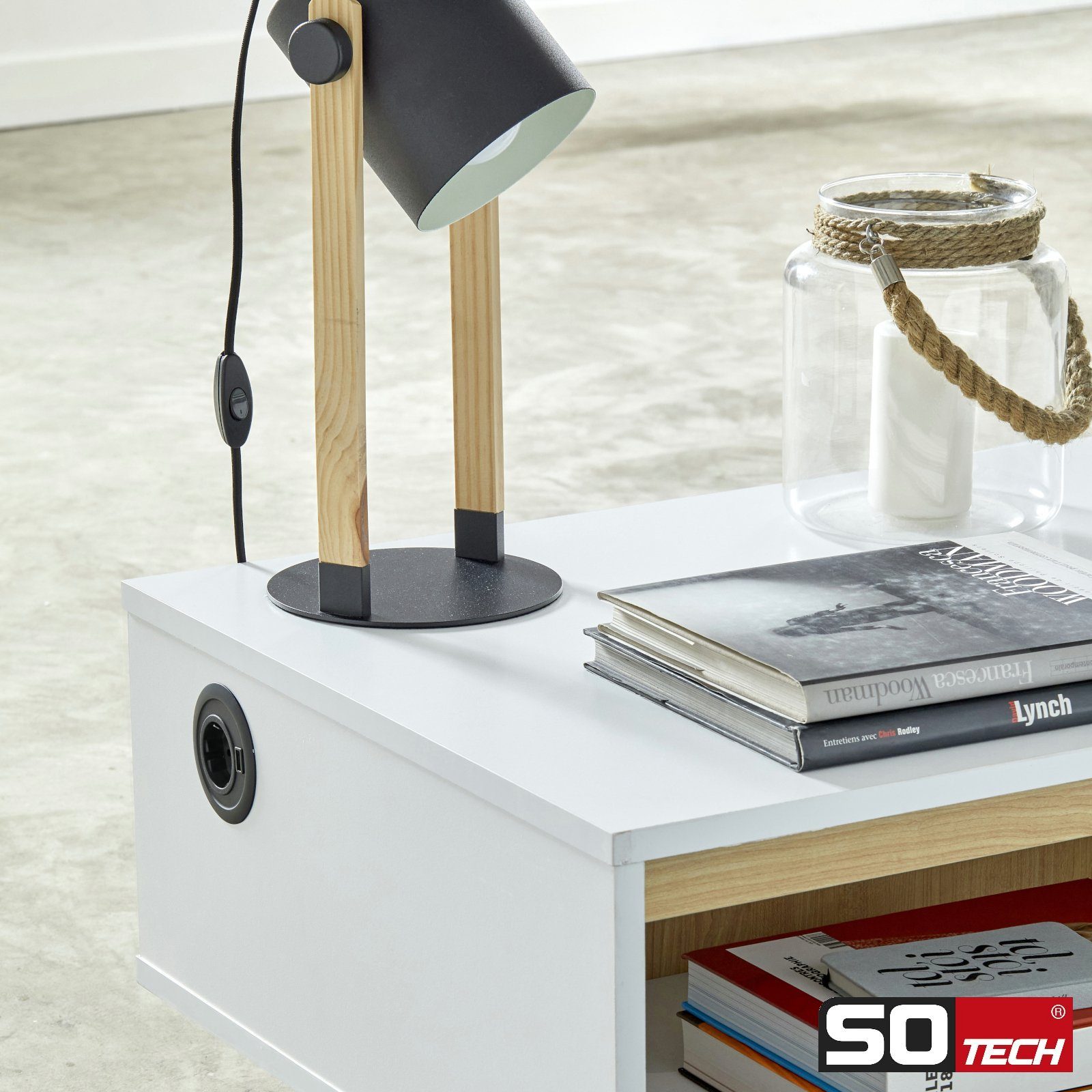 SO-TECH® Einbau Tischsteckdose mit Kabel und Stecker Einbau-Tischsteckdose, schwarz, rund, 1-fach, 1x USB-A