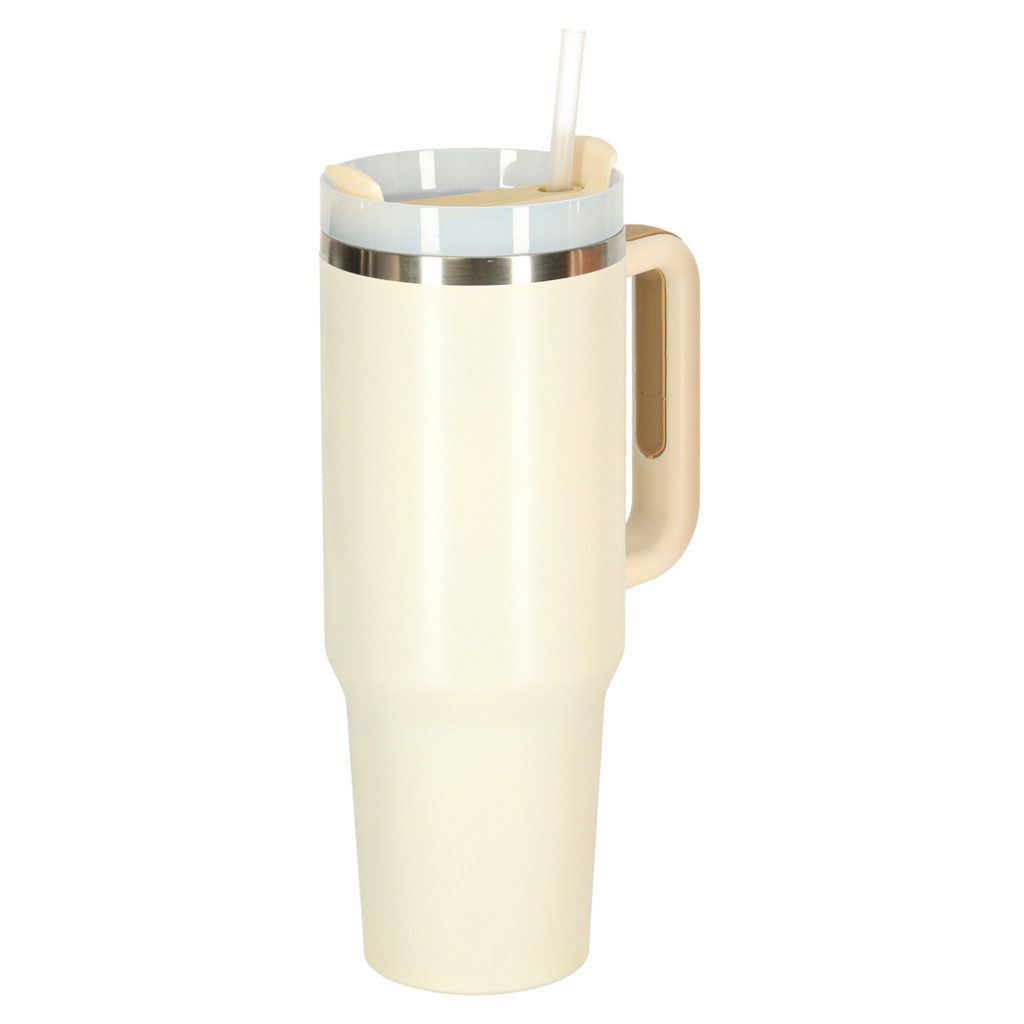 Ikonka Thermobecher Thermobecher 1200 ml mit Strohhalm und Griff Schwarz/Weiß, 1200 ml, Edelstahl, doppelwandig, Griff, Strohhalm, isolierend
