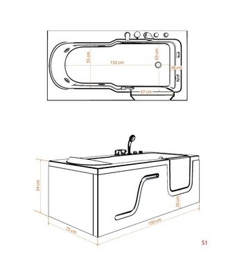 AcquaVapore Grossraumdusche Seniorenwanne mit Tür S17-L 150x75 cm, Sicherheitsglas ESG, inklusive Duschwanne, Schnelle Reinigung, Überlauf Abfluss