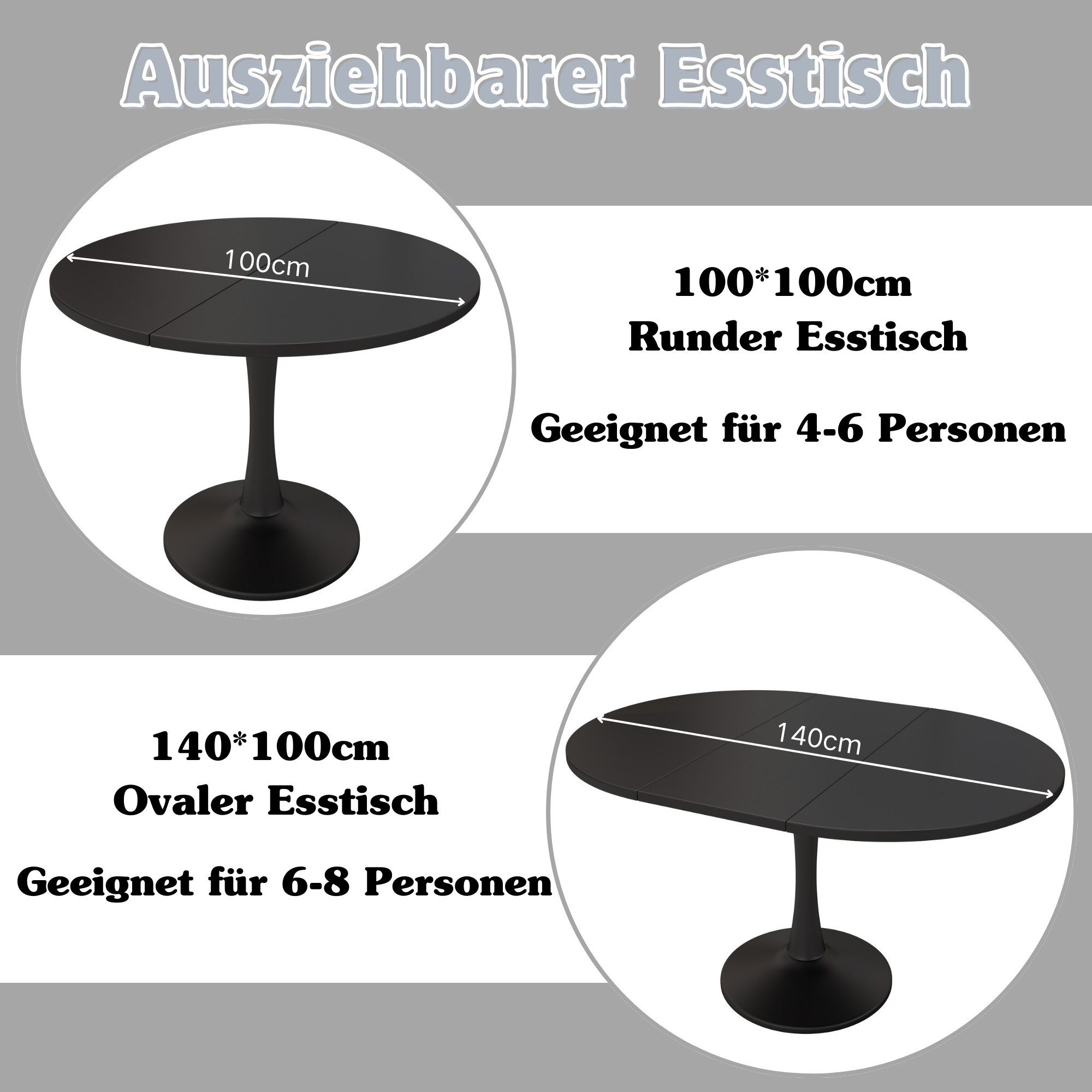 Flieks Esstisch ausziehbarer Küchentisch rund/oval, Eisengestell (verstellbare Länge 100-140x100x75 cm, Höhe Tischplatte 1,8 cm, 1-St., 1 Tisch, für 4-6 Persone – Bild 5 von 5
