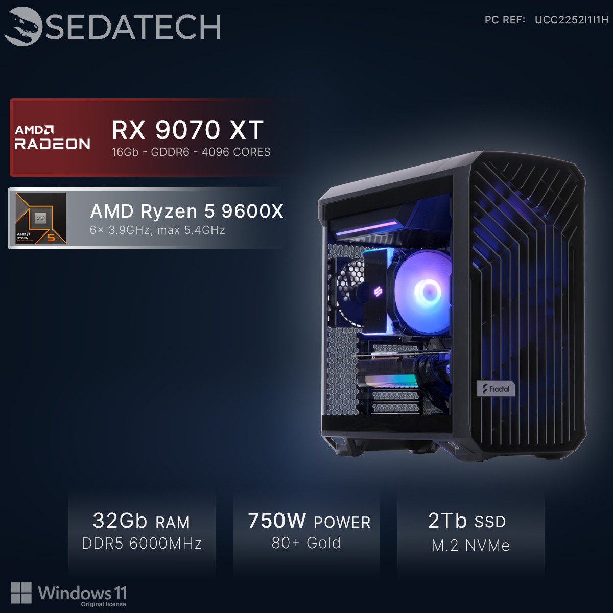 Sedatech UCC2252I1I1HF - Workstation Business-PC (AMD Ryzen 5 9600X 6x 3.9GHz (max 5.4GHz), Radeon RX 9070 XT 16GB, 32 GB RAM, 2000 GB SSD, Wlan 7)