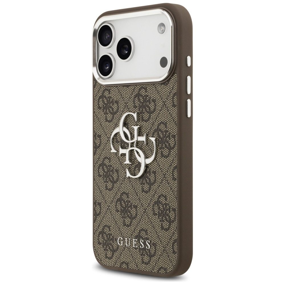 Guess Handyhülle iPhone 17 Pro Max Kunstleder braun Big Logo Metall silber 6,9 Zoll, Kantenschutz