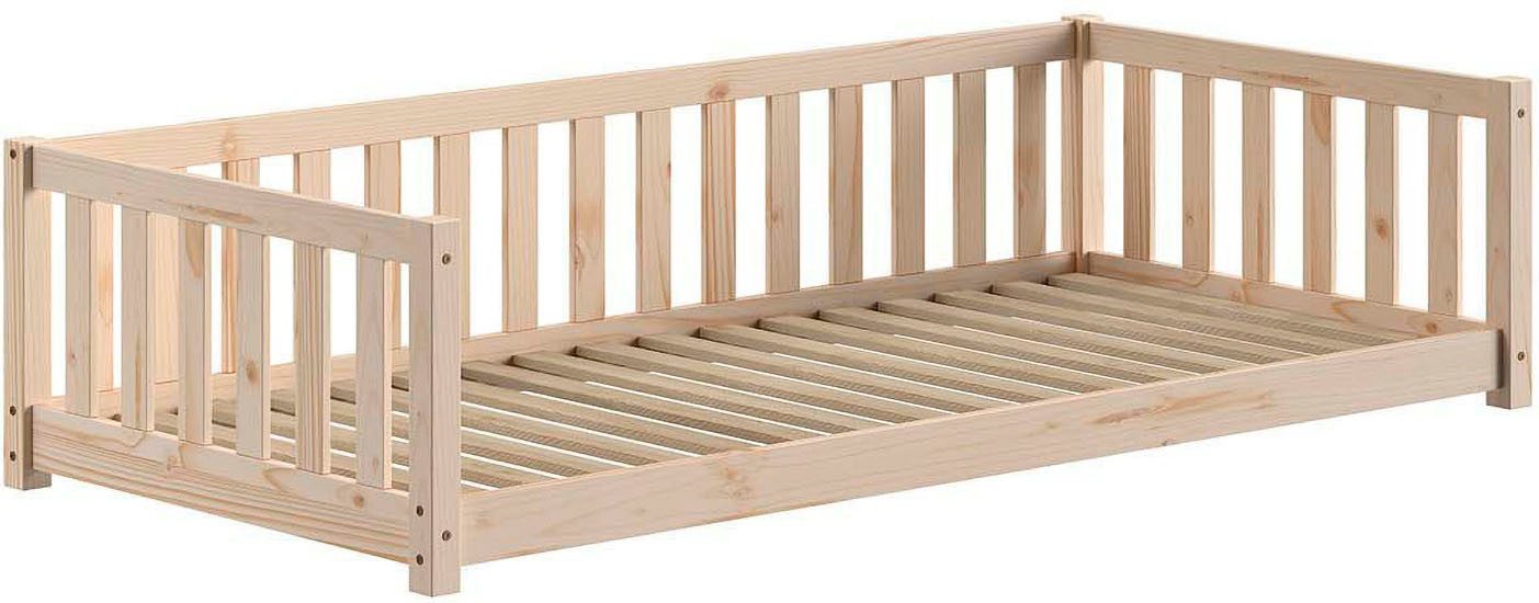 Vipack Kinderbett Dallas, massiv Bett, Rausfallschutz, umbaubar vom Boden- zum Daybett (inkl. Rolllattenrost und Sprossenumrandung, 90 oder 140x200 cm breit), stabil und standfest gebaut, wahlweise Kiefer massiv natur oder weiß