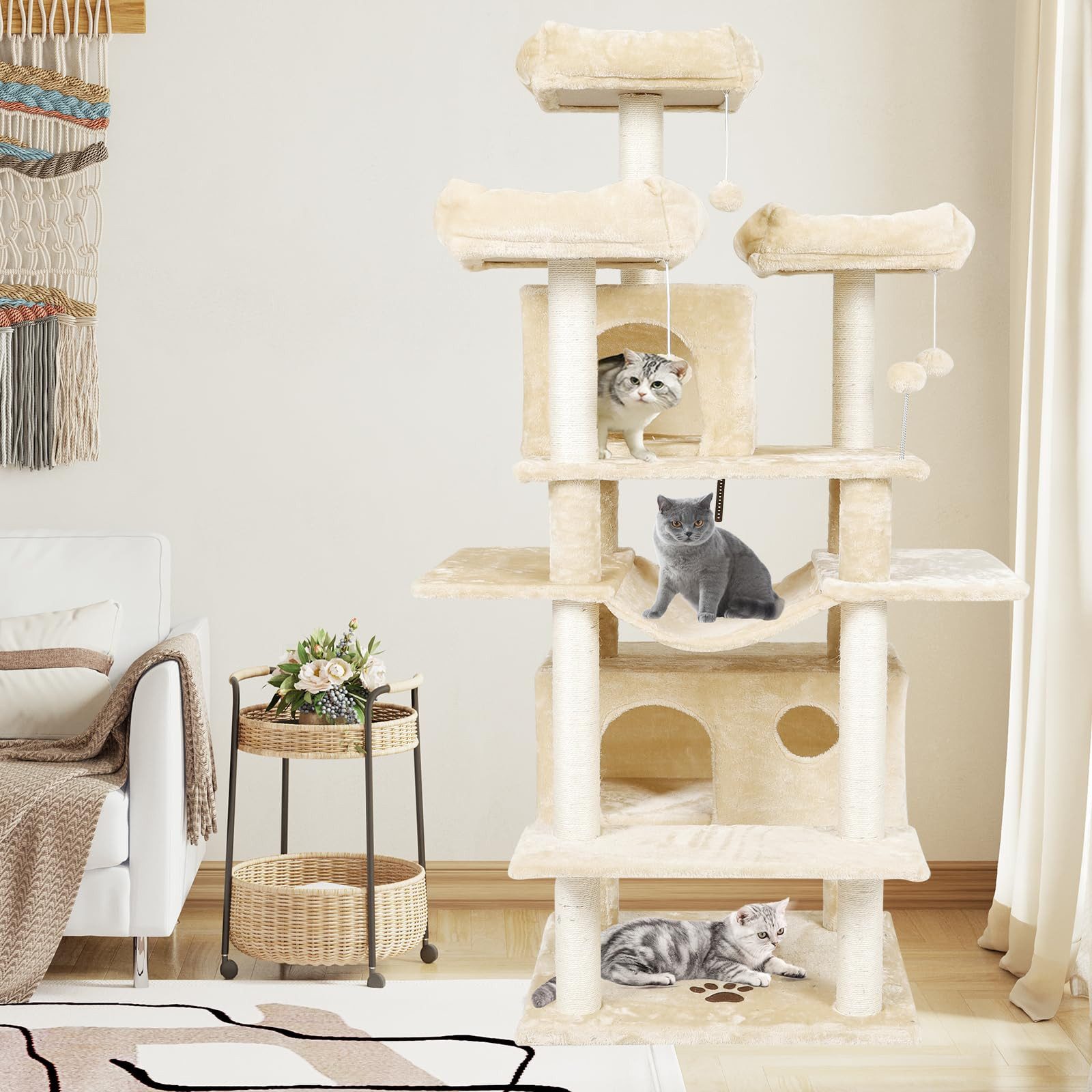 MSMASK Kratzbaum groß XXL,175cm Katzenbaum mit 3 großer Aussichtsplattform, Katzenkratzbaum für große Katzen, Sisal-Kratzstangen