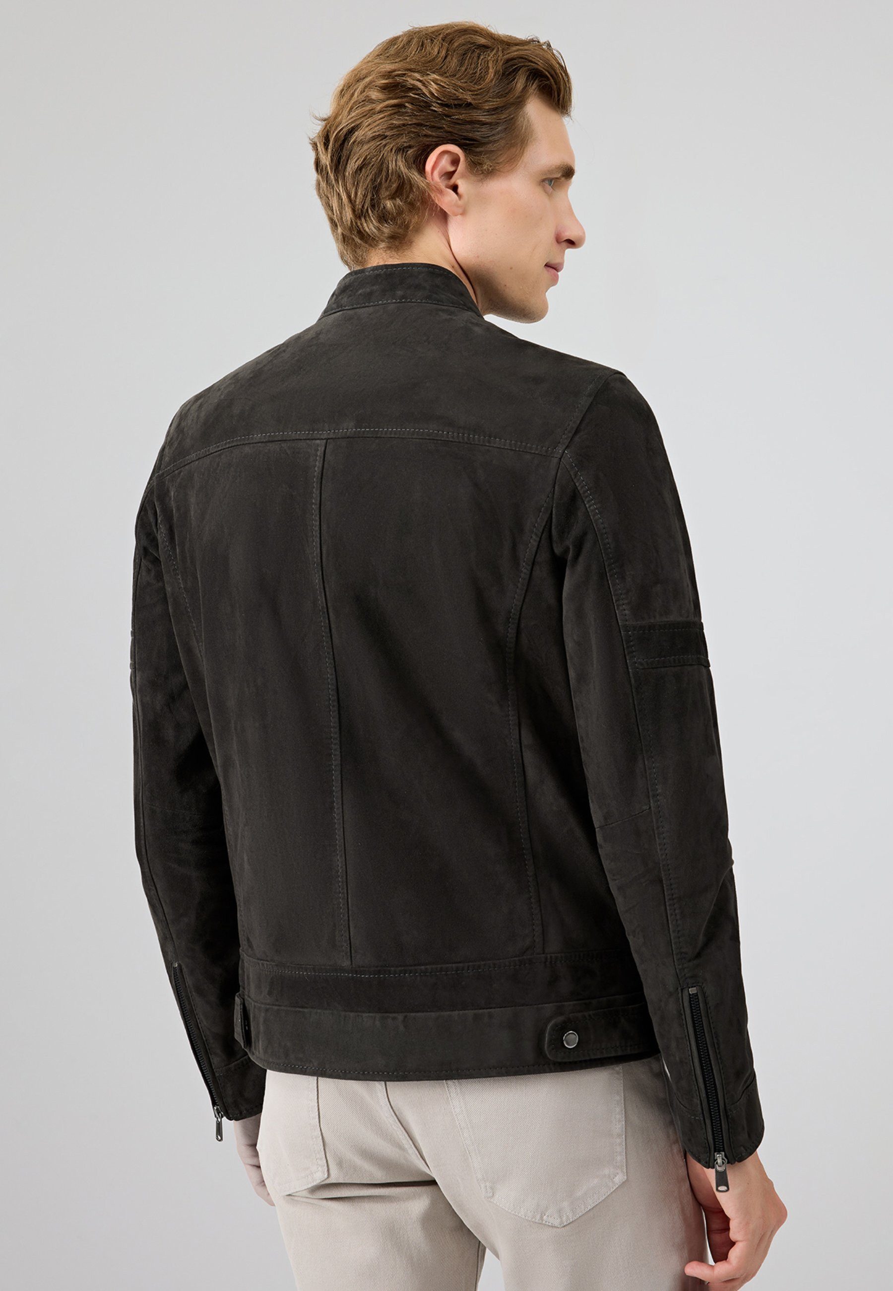 Derimod Lederjacke Patrick Wildlederjacke Regular Fit, Reißverschluss, Stehkragen, Kurz, Textilfutter