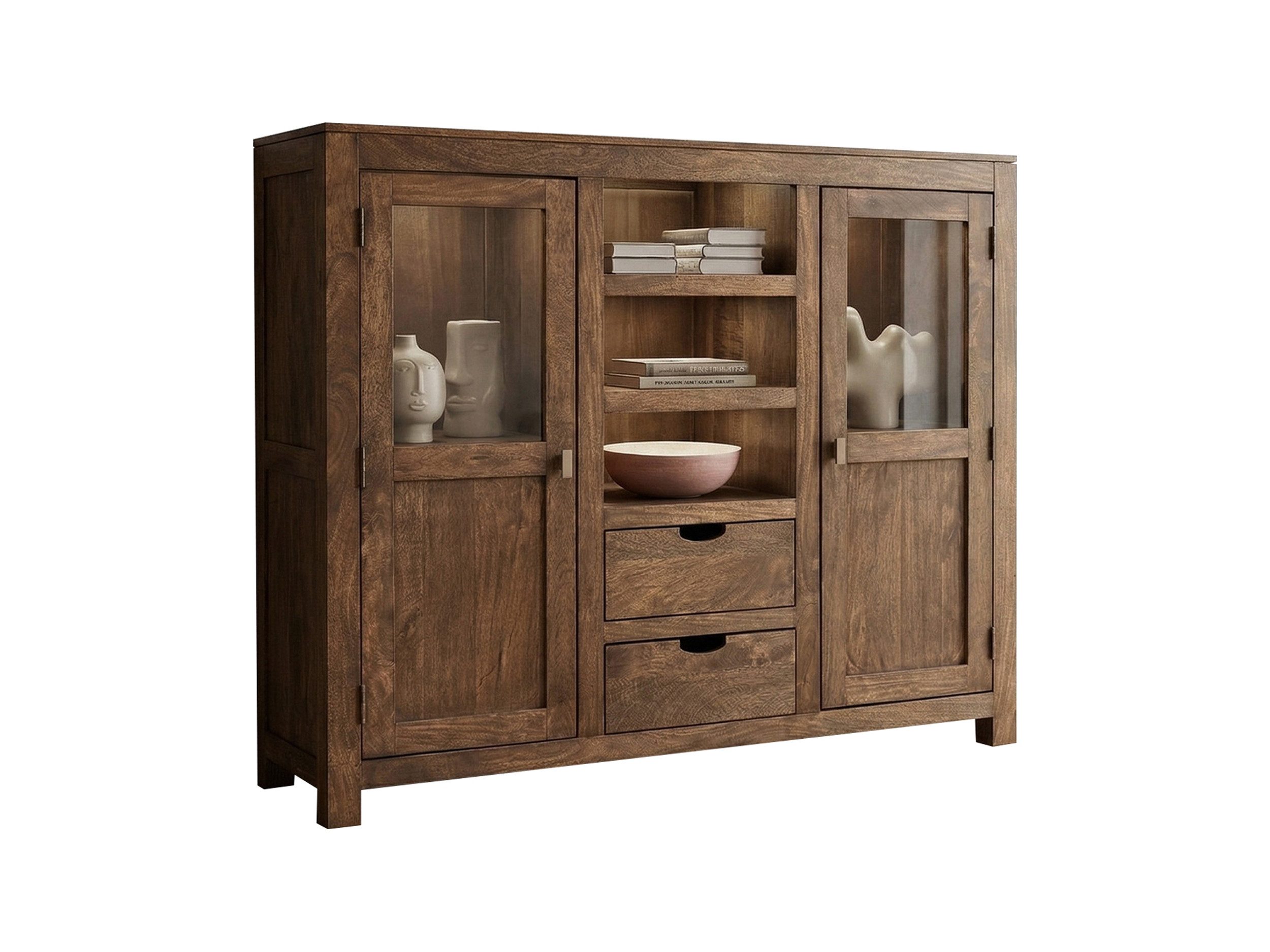 Massivart® Highboard 140 cm Breite Massivholz Mangoholz dunkel gebeizt »MANGALA«, montiert · 2 Einlegeböden · 2 Türen · 2 Schubladen