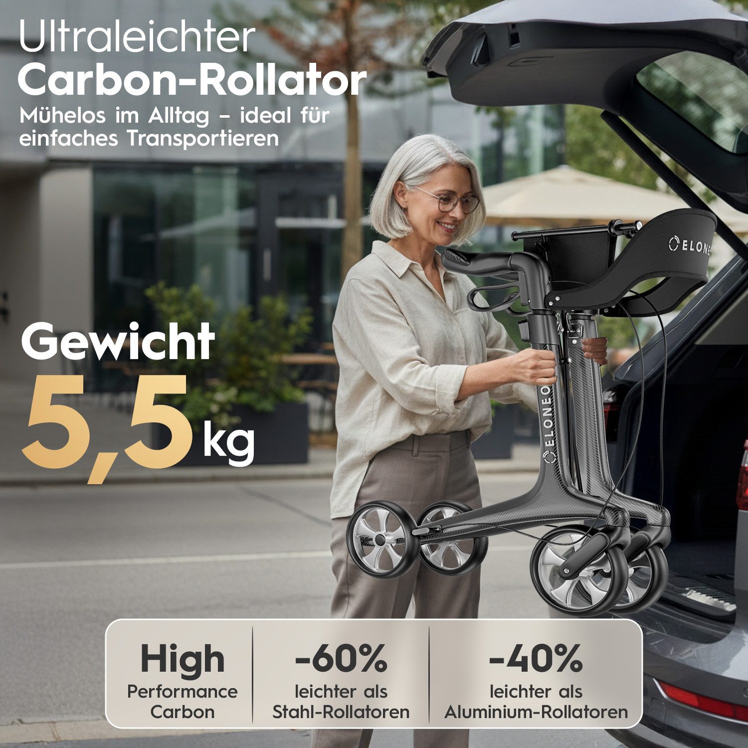 ELONEO Rollator aus Carbon, ultraleicht, faltbar, mit Sitz, Faltbarer Rollator mit Sitz, Rückenlehne, Einkaufstasche