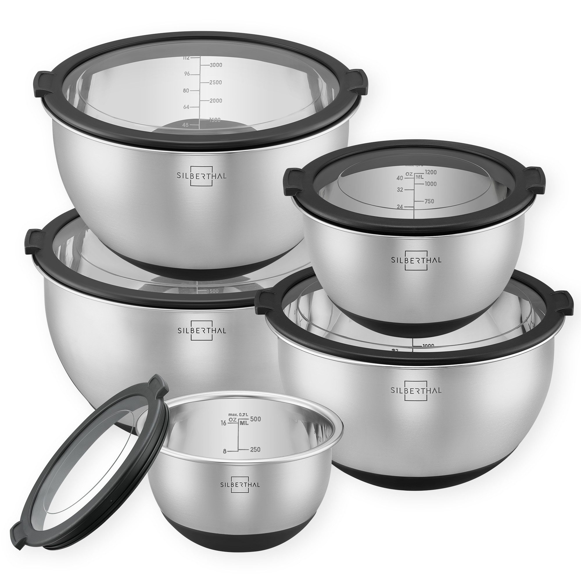 SILBERTHAL Rührschüssel Salatschüssel 5er Set, Edelstahl, (5-tlg), Rutschfest dank Silikonboden, mit integrierter Skala