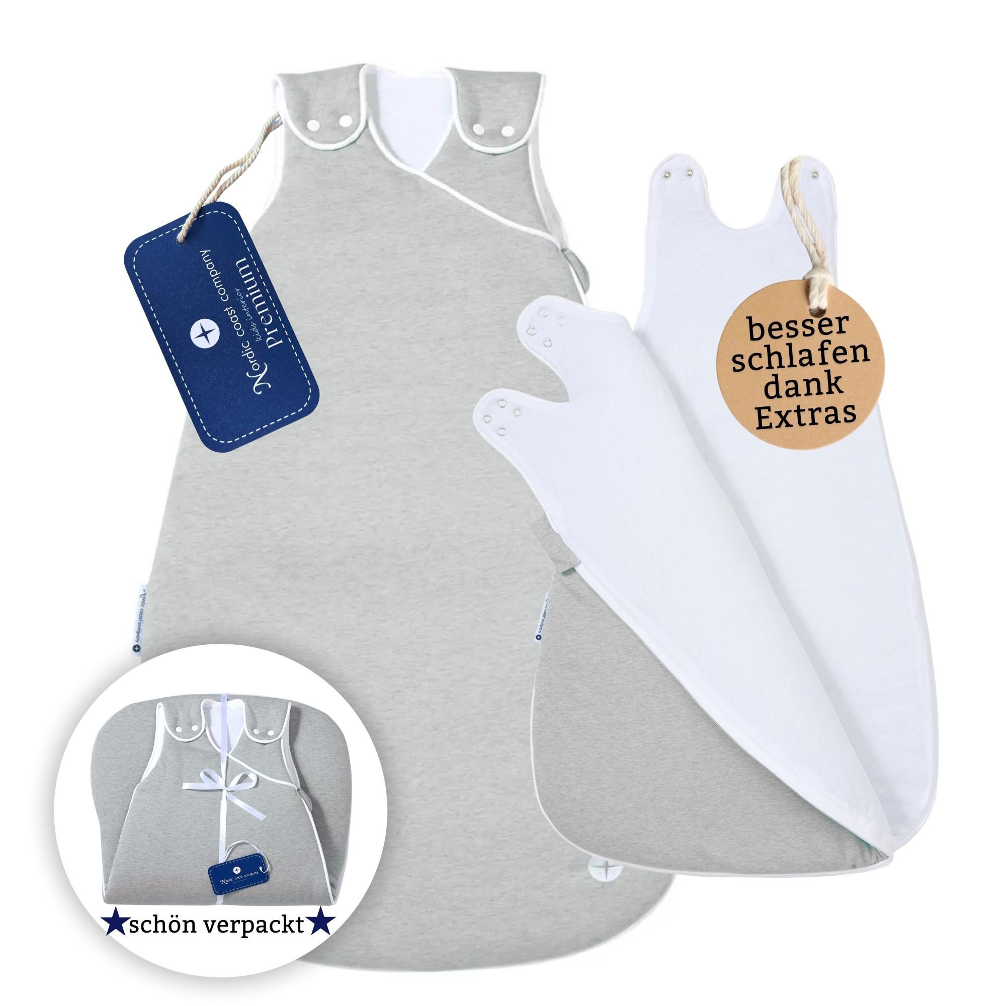 Nordic Coast Company Babyschlafsack, mitwachsend & atmungsaktiv I waschbar I Baumwolle I Grau