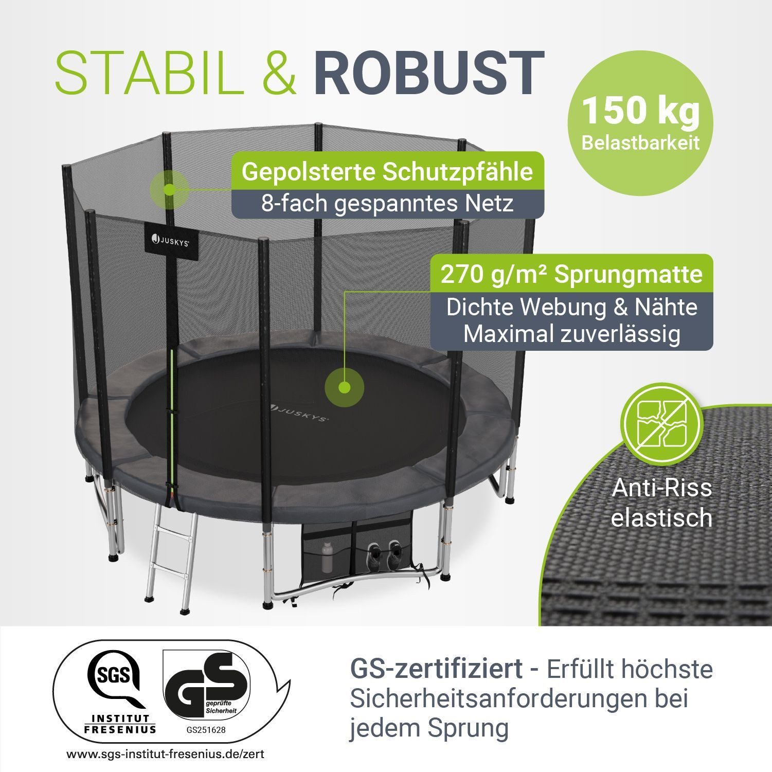 Juskys Gartentrampolin JumpMaster, Ø 305 cm, Komplett-Set mit Leiter, Getränkehalter, Bodenanker