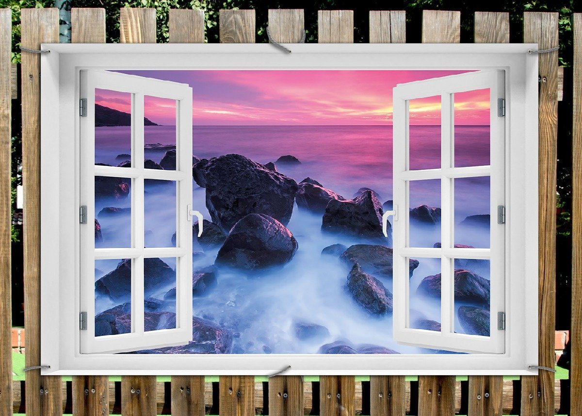 Thumbnail - Wallario Sichtschutzzaunmatten Felsen im Meer bei Sonnenuntergang, mit Fenster-Illusion