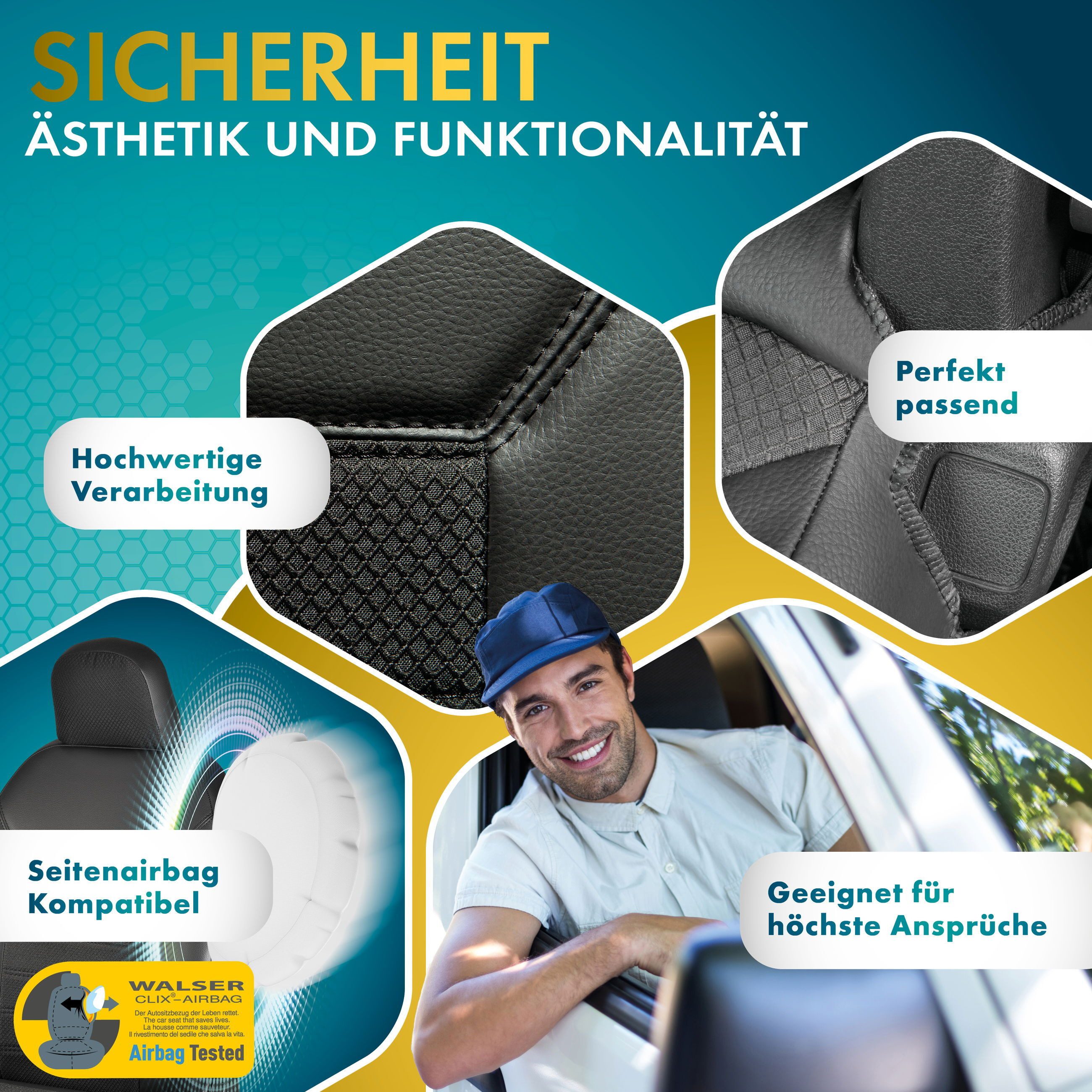 WALSER Autositzbezug Sitzbezug Passform Transporter, 2 Einzelsitzbezüge vorne, 2 Kopfstützenbezüge, 6-tlg.