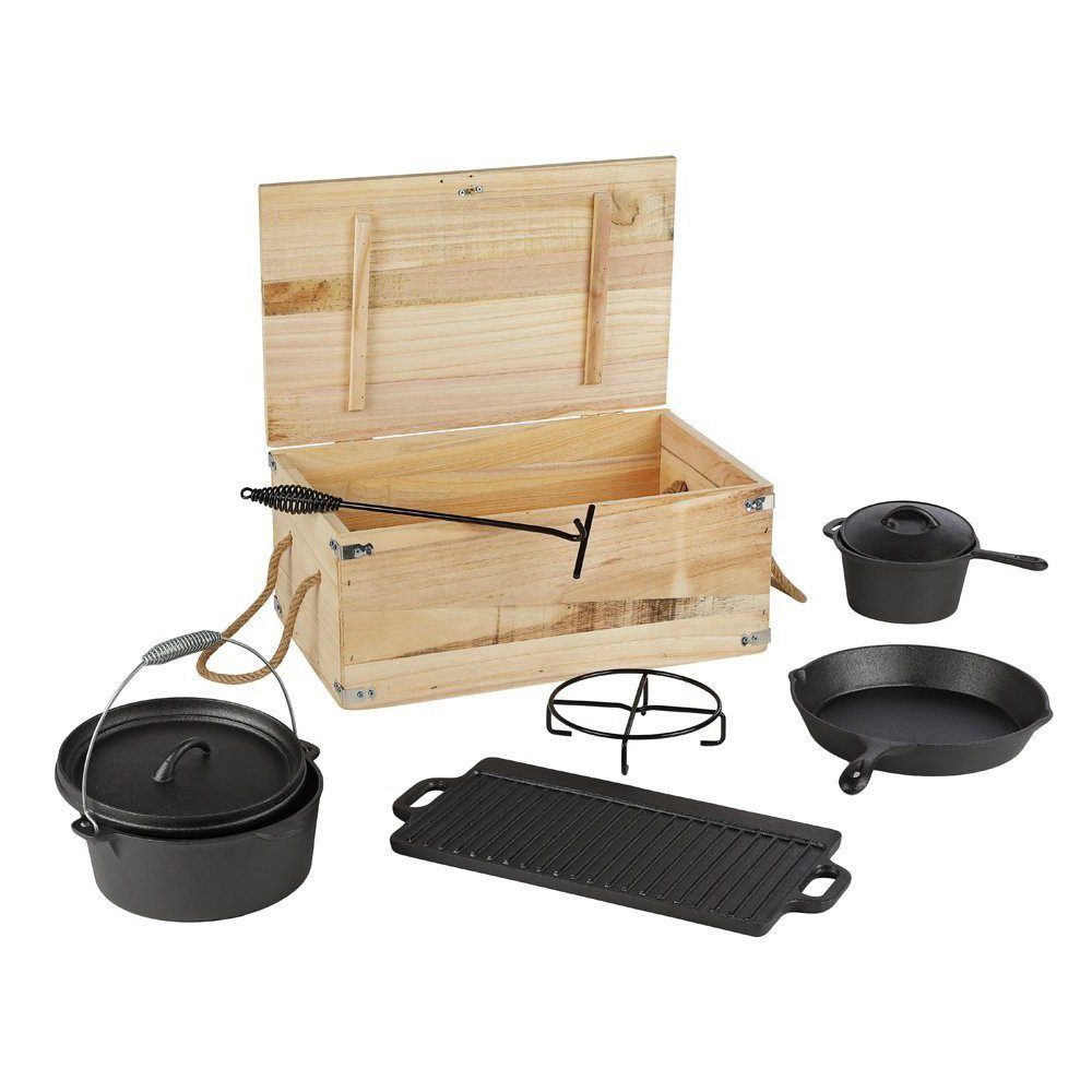 Melko Feuertopf Kochkessel Schmortopf Feuer Set 7 tlg. Outdoorküche Dutch Oven Suppen, Gusseisen (Stück, 7-tlg., Stück), Deckel mit erhöhtem Rand