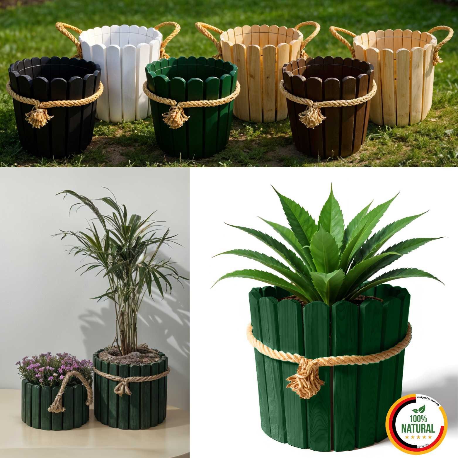 Floranica Übertopf Runder Blumentopf aus Holz Pflanzentopf Pflanzkübel (mit Juteschnur umwickelt, 1 St., Grün), Dekoration für Haus und Garten, für Innen- und Außenbereich