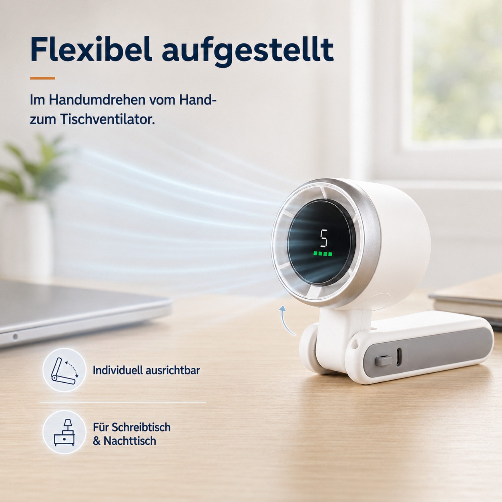 HS.SUPPLY Handventilator Mini Handventilator 3-in-1 mit Display, USB-C, 5 Stufen, 3-in-1 Hand-, Tisch- und Umhängeventilator mit Digitaldisplay