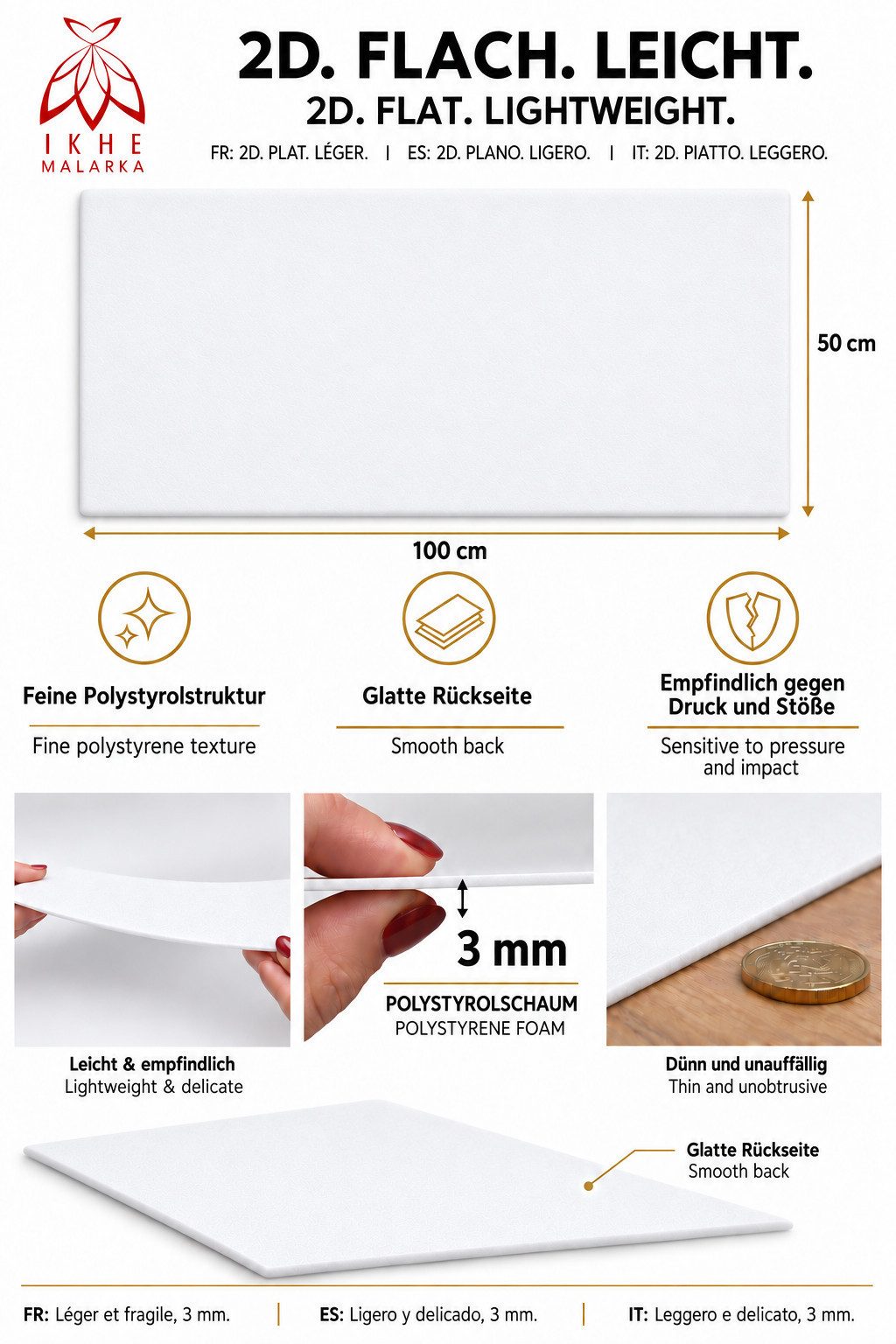 IKHEMalarka 3D Wandpaneel Betonoptik Marmor Ziegel aus Polystyrol Styropor XPS, BxL: 50,00x100,00 cm, 0,50 qm, (1 Stück, 0,5m) Deckenpaneelen - 3mm dick - 100x5 – Bild 4 von 5