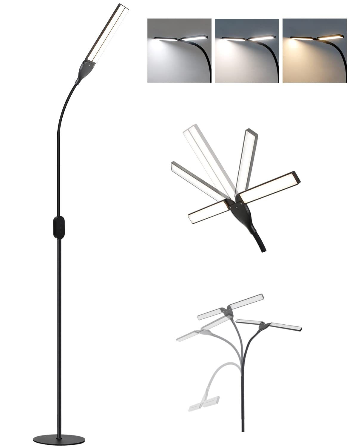 Nettlife LED Stehlampe Schwarz Dimmbar Wohnzimmer LED Stehleuchte 360° verstellbare Hals, Speicherfunktion und Timer,flimmerfrei und blendfrei, Memory Funktion, LED fest integriert, Dimmschalter, Geeignet für Wohnzimmer, Schlafzimmer, Arbeitszimmer, Büro