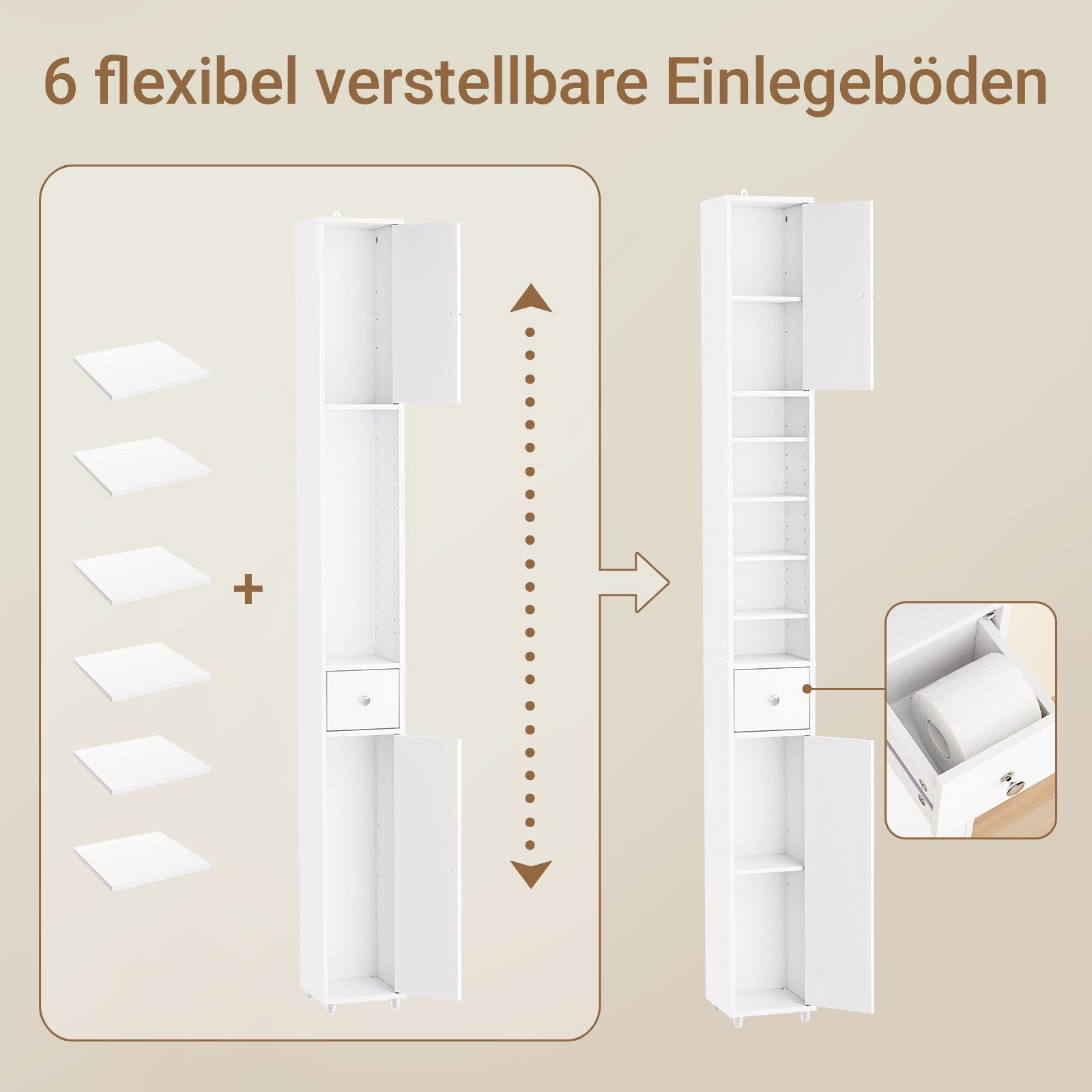 SoBuy Hochschrank BZR34, Badschrank schmal, Badezimmermöbel, Wasserabweisender Badzimmerschrank mit verstellbare Ablagen Badkommode schmal Badezimmer