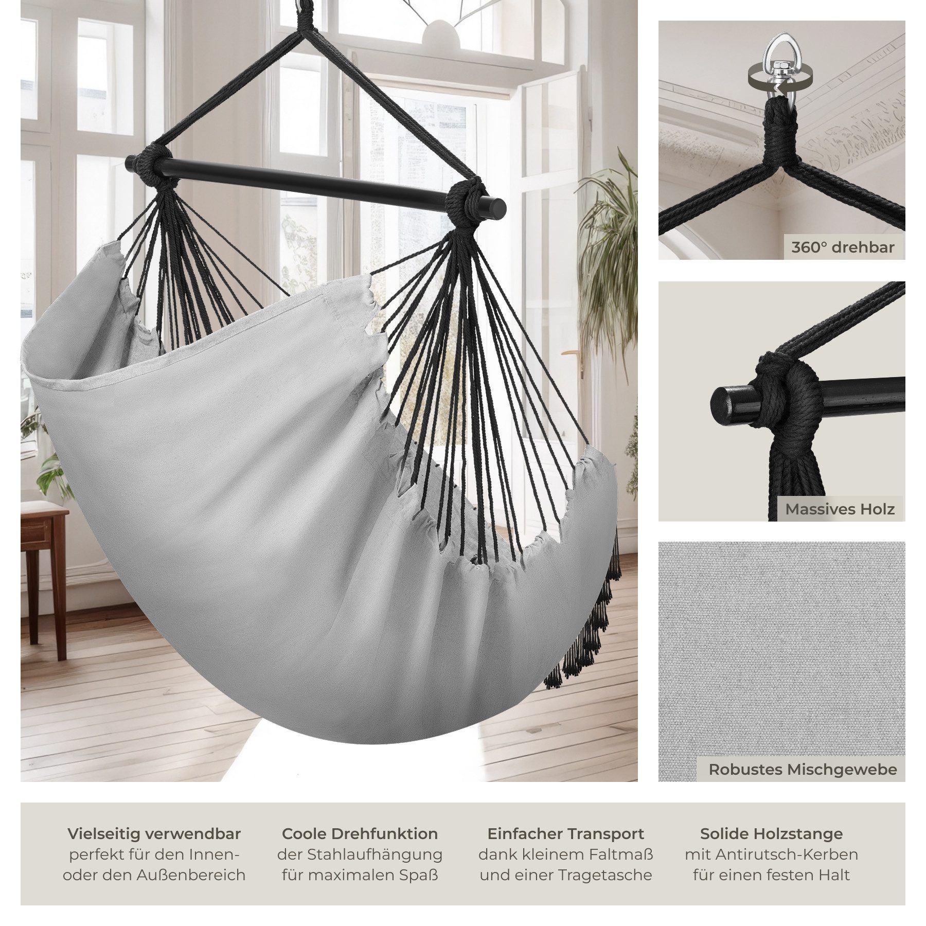tectake Hängesessel Hängeschaukel, Belastbarkeit 150 kg, ca. 100 x 150 x 150 cm (Hängestuhl Malika, in Grau), dicke Kissen, mit Bücherfach & Flaschenhalterung, inkl. Tragetasche
