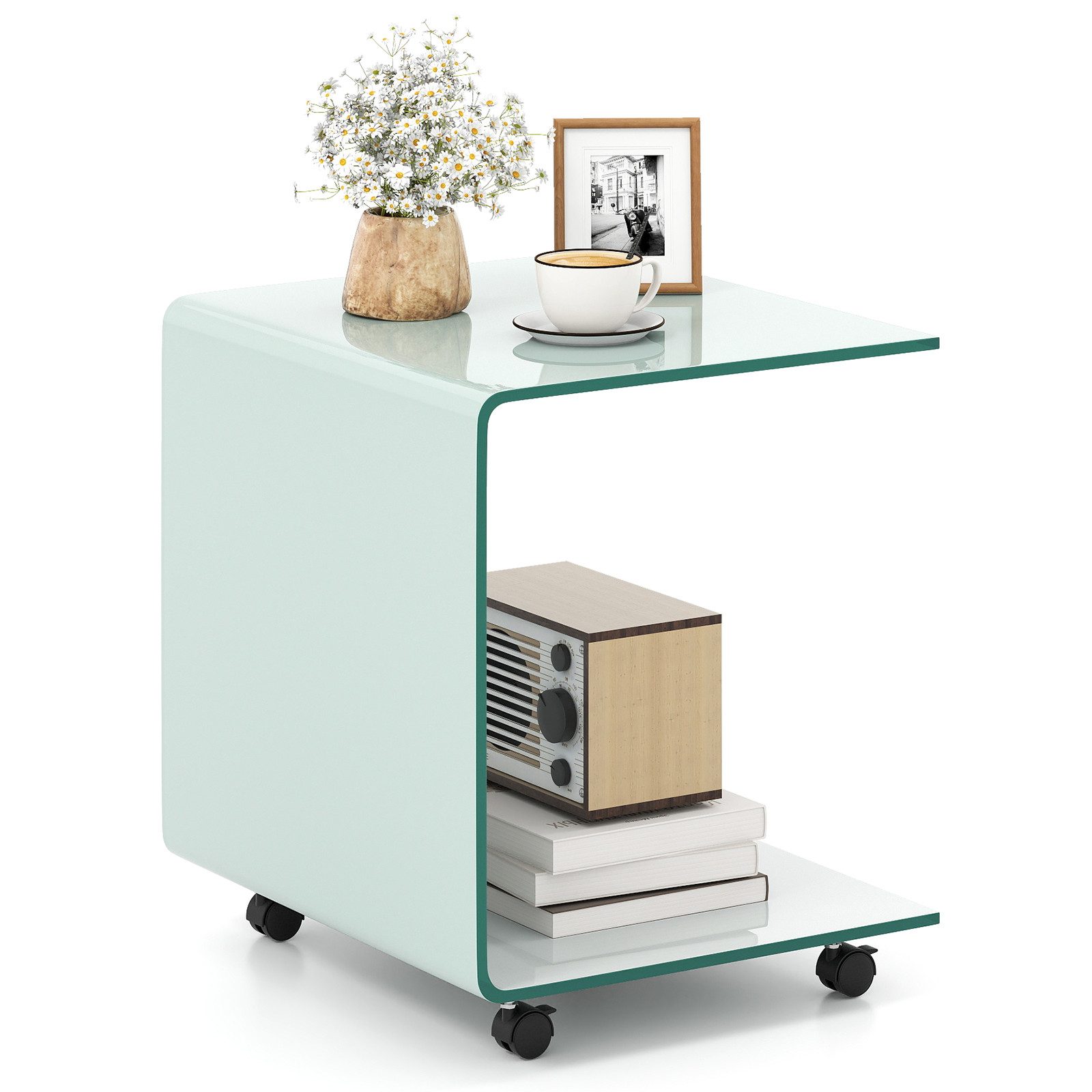 COSTWAY Beistelltisch, Glastisch mit Rollen C-Form, Nachttisch 45x40x48cm