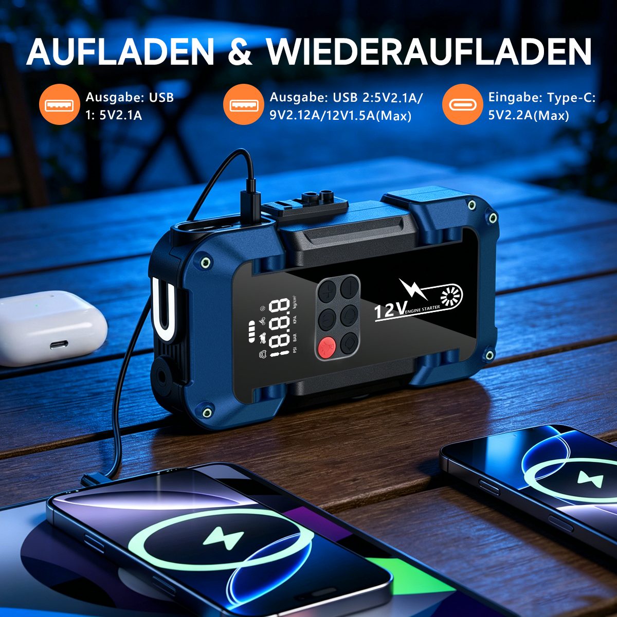 AeroAxis 26800 mAh Starthilfe Powerbank 4000A 150PSI Kompressor Starthilfegerät Autobatterie-Ladegerät (Set, Auto Starthilfe LED-Taschenlampe, großen Bildschirm – Bild 5 von 5