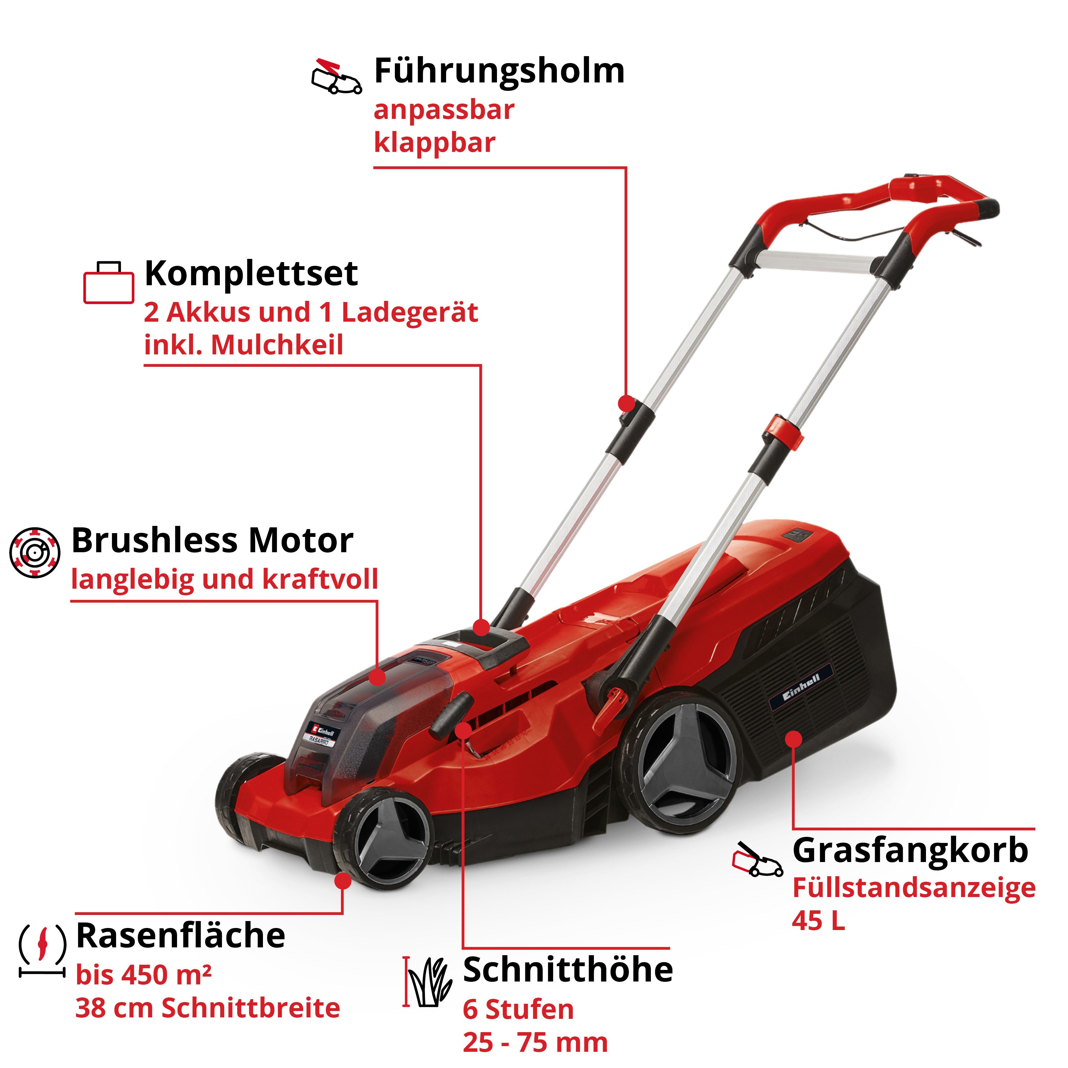 Einhell Akkurasenmäher RASARRO 36/38 (2x4 Ah), 38 cm Schnittbreite, (Set), mit 2 Akkus und Twincharger – Bild 2 von 5