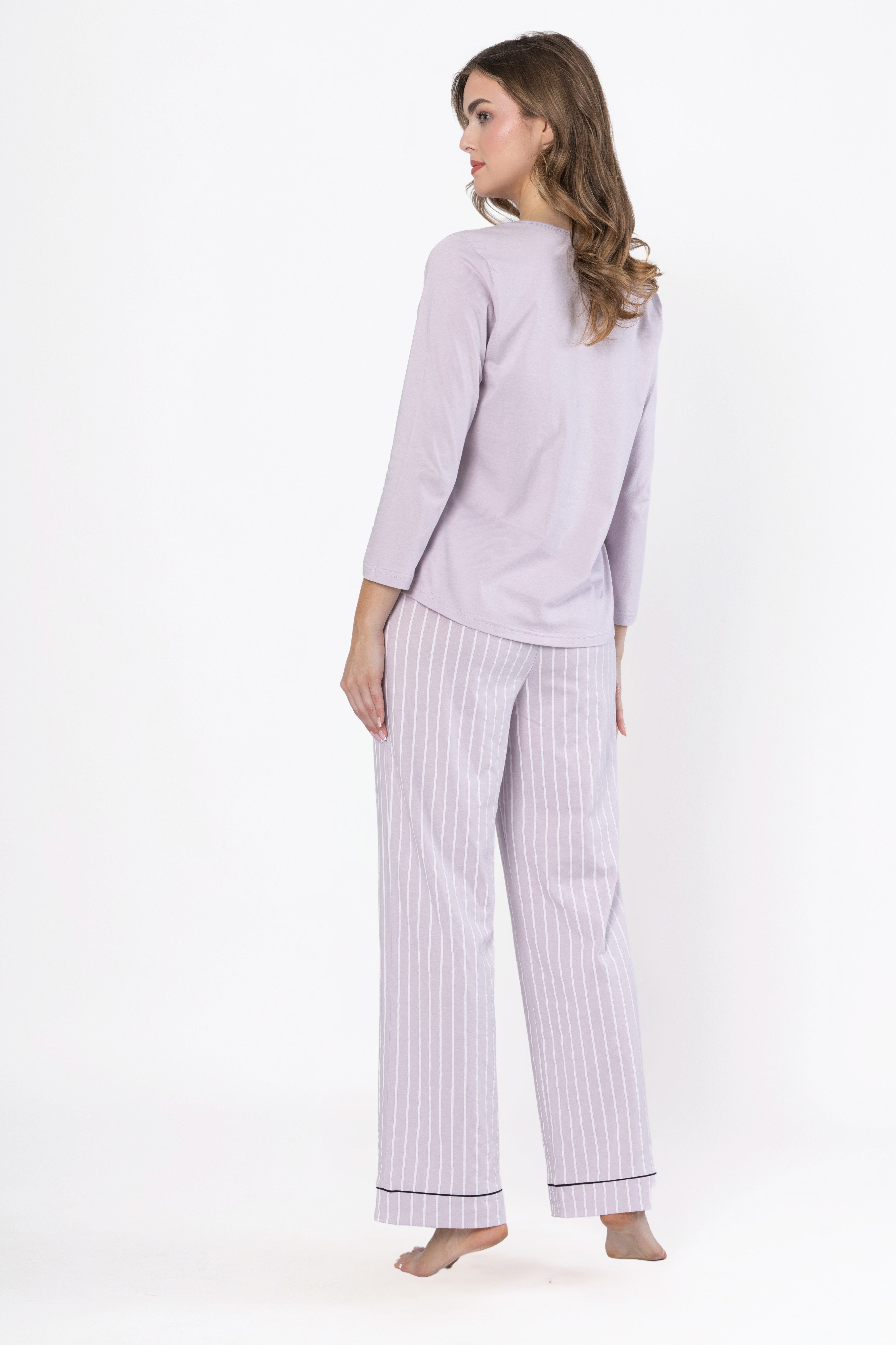 COOLISMO NIGHTWEAR Pyjama klassischen Damen Schlafanzug-Set, 3/4-Arm-Shirt & lange Hose (Set, 2 tlg) mit Streifen-Design, 100% Baumwolle
