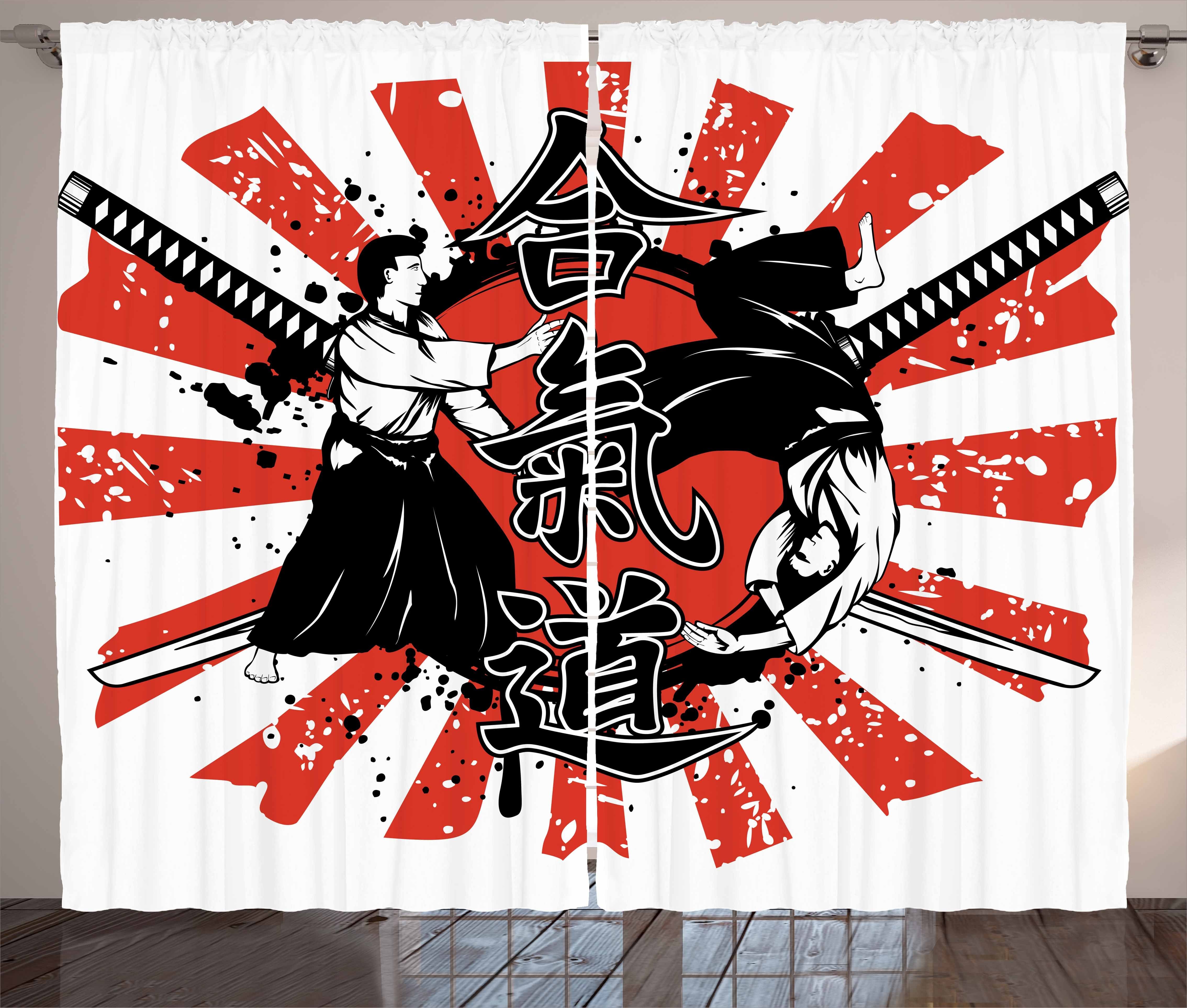 Aikido japanisch und Abakuhaus, mit Schlafzimmer Vorhang Kräuselband Haken, Samurai-Kampf Gardine Schlaufen