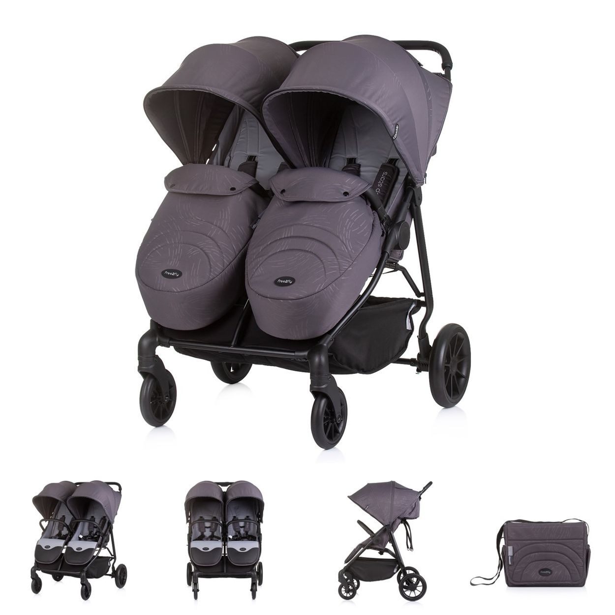 Chipolino Коляски Zwillingskinderwagen Top Stars, 77 cm breit, Wickeltasche, Fußsack