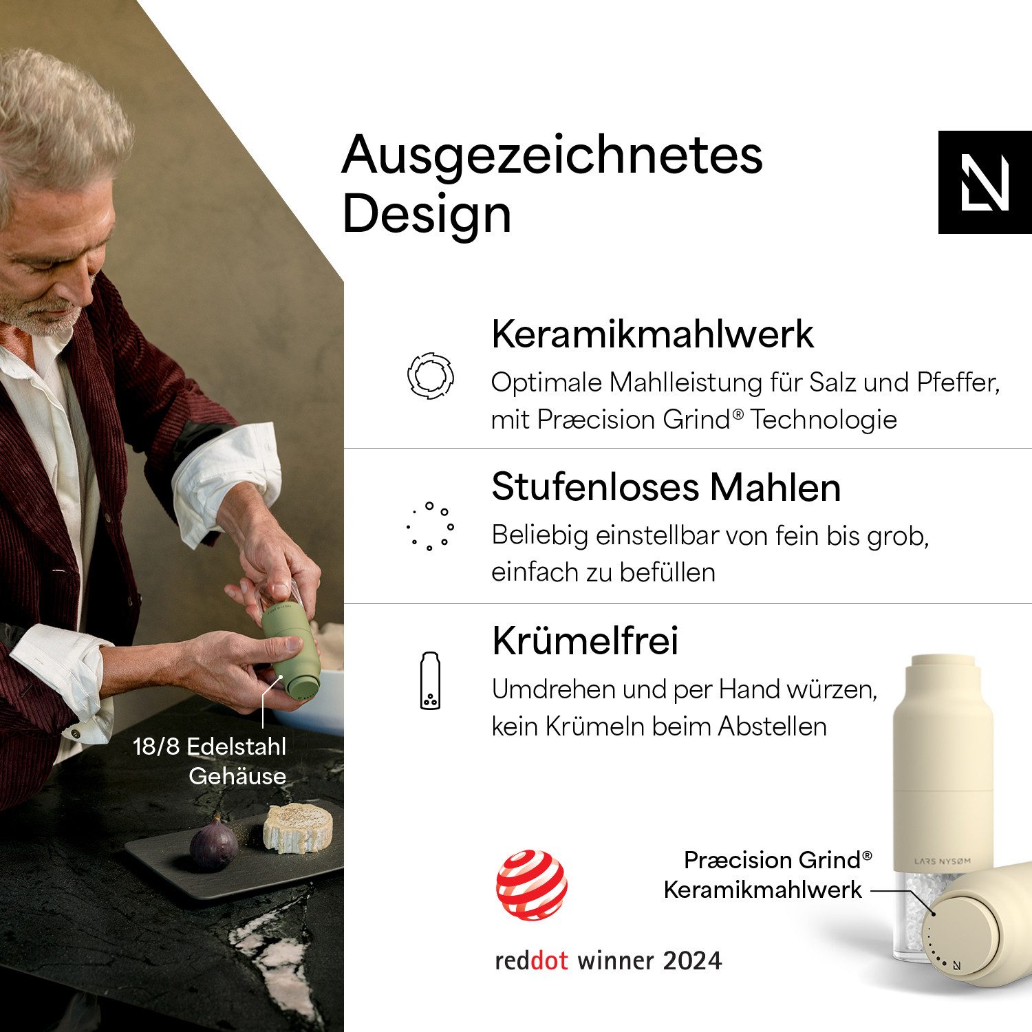 LARS NYSØM Gewürzmühle Omvendt, (2 Stück), Design Gewürzmühlenset mit Keramikmahlwerk (Stufenlos)
