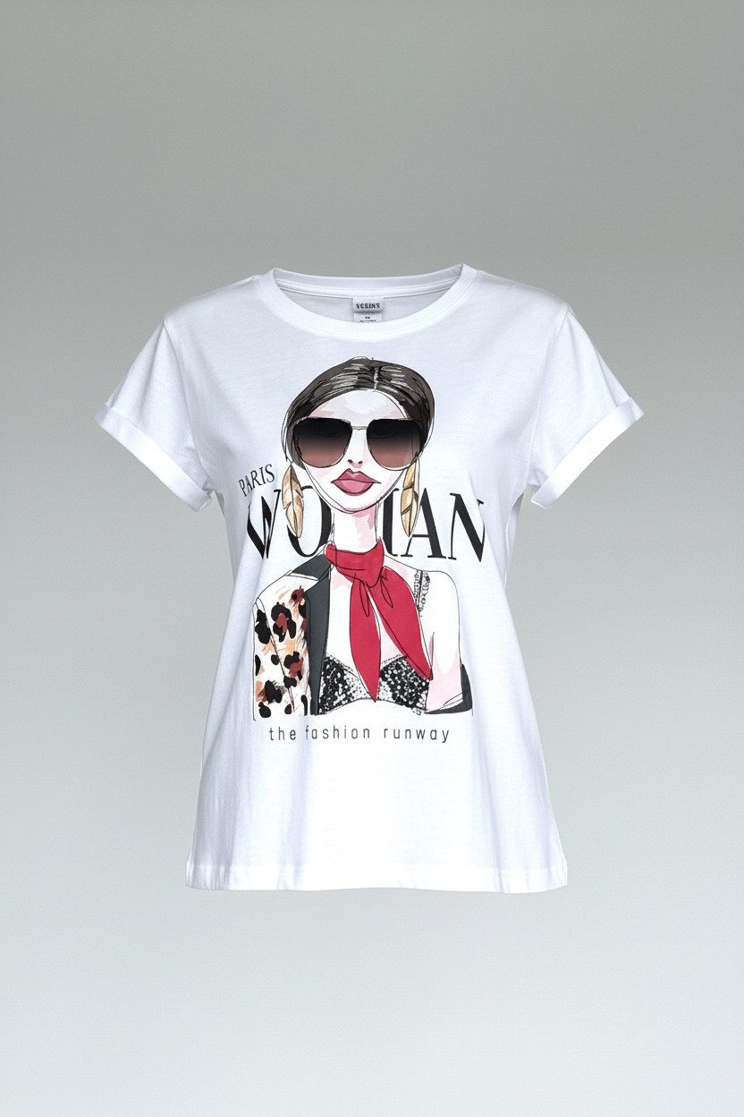 Zuckerwatte Print-Shirt Rundhalsshirt, modischer Frontprint "Paris Woman", aus 100% Baumwolle